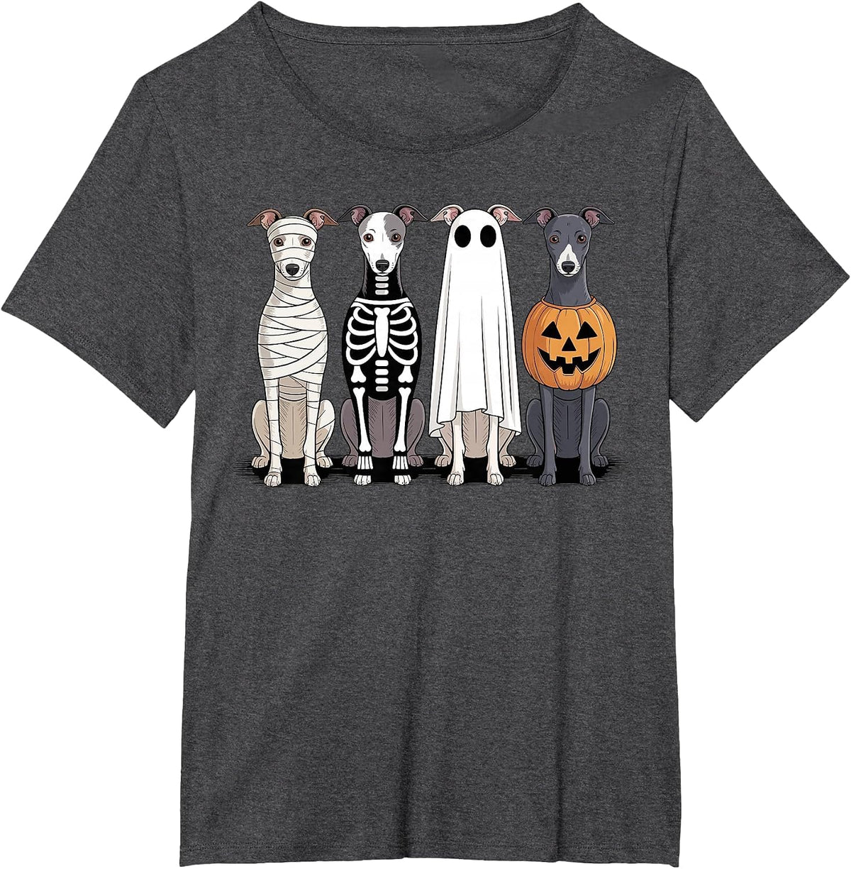 Spooky Ghost Italian Greyhound Pumpkin Halloween Skeleton T-Shirt - Dark Heather Grey