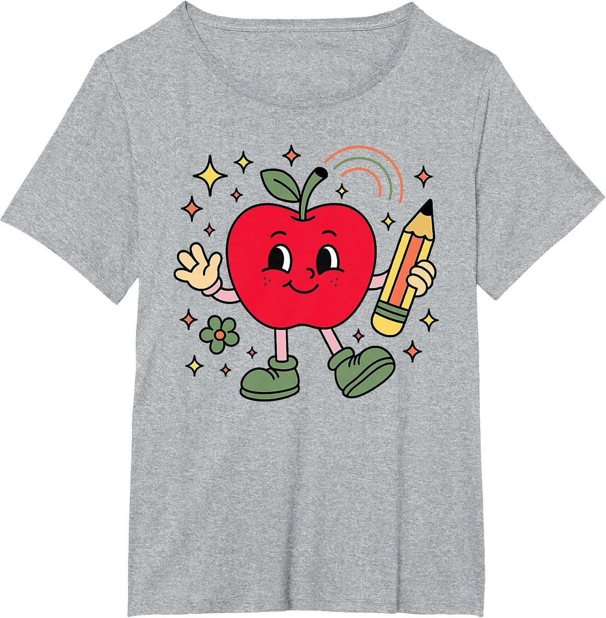 Retro School Apple with Face and Teacher’s Pencil T-Shirt - Heather Grey
