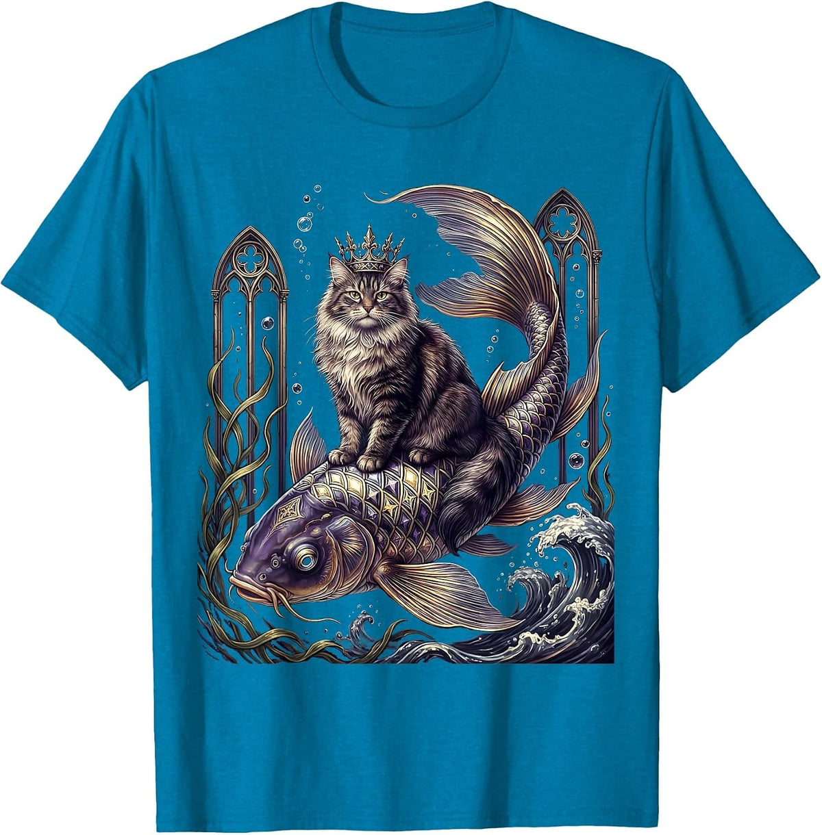 Cat Riding Giant Koi Fish Underwater Art T-Shirt - Sapphire Blue