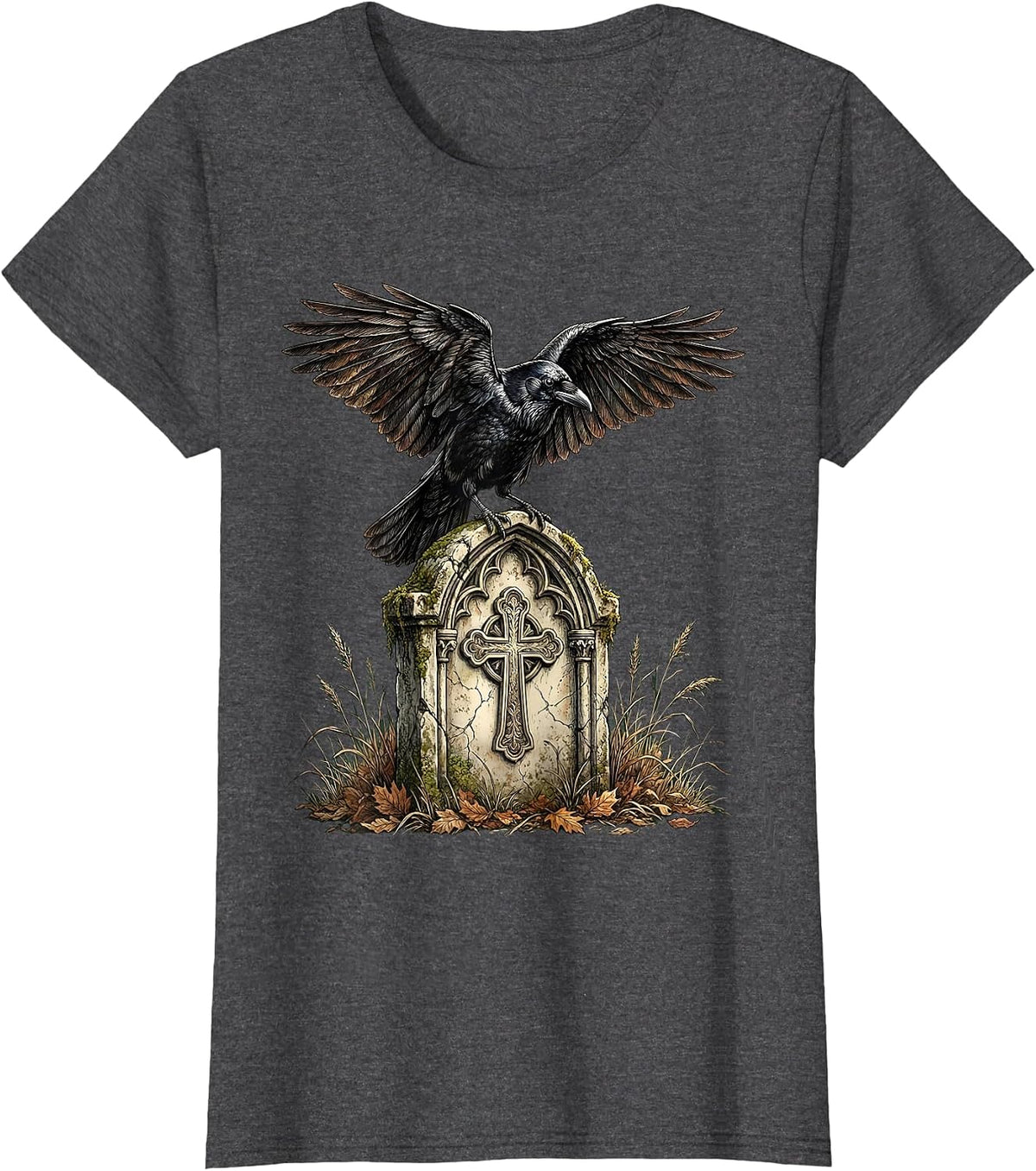 Women's Gothic Crow on Gravestone Halloween Design T-Shirt - Dark Heather Grey