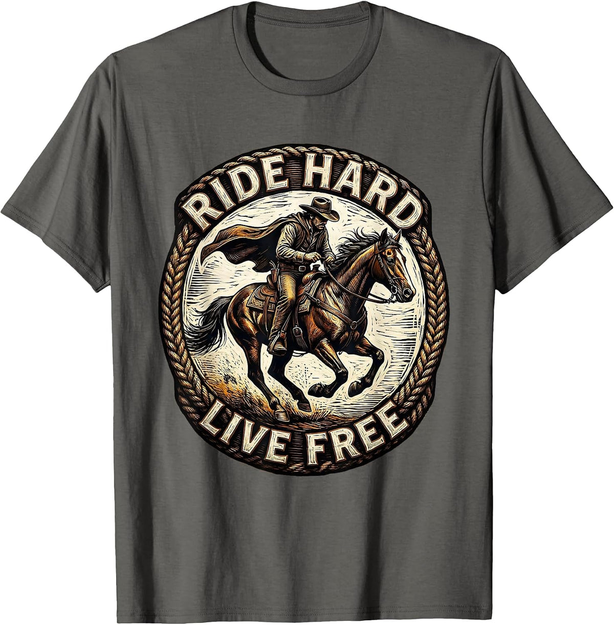 Ride Hard Live Free Cowboy Western Design T-Shirt - Asphalt Grey