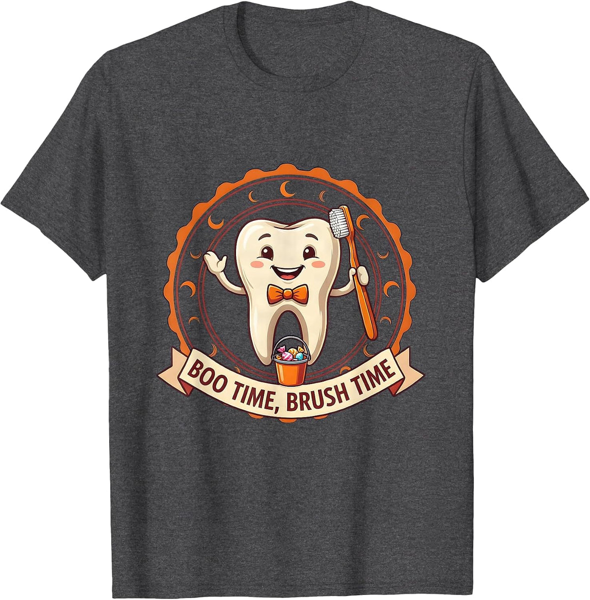 Men's Boo Time Brush Time Playful Halloween Dentist Dental Humor T-Shirt - Dark Heather Grey