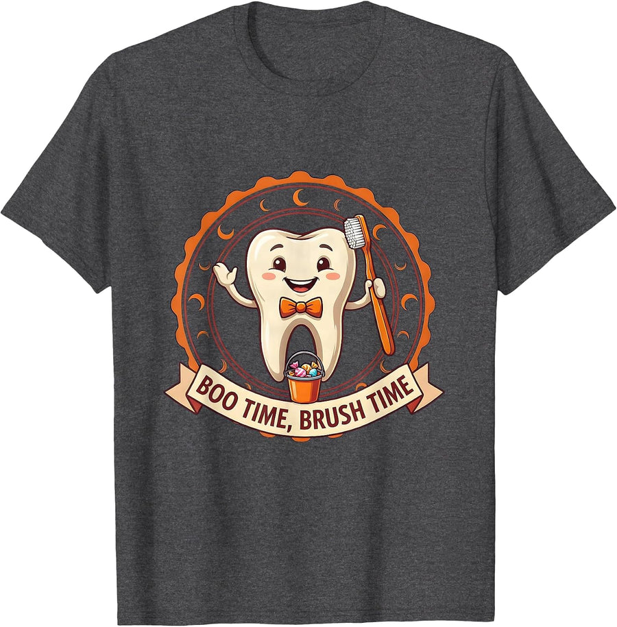 Men's Boo Time Brush Time Playful Halloween Dentist Dental Humor T-Shirt - Dark Heather Grey