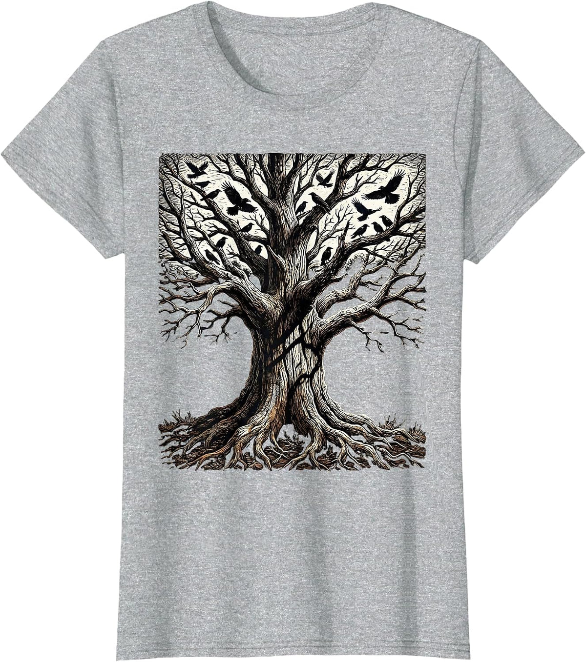 Bare Tree Crow Silhouette Fall Nature Design T-Shirt - Heather Grey