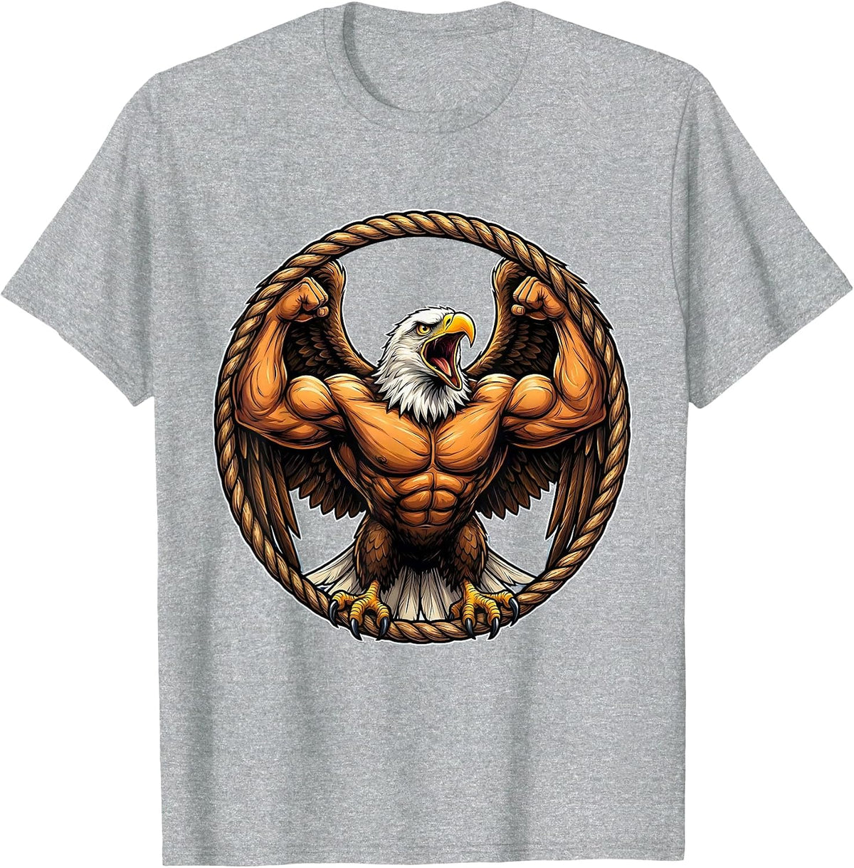 Men's Bald Eagle Flexing Muscles Patriotic Graphic T-Shirt - Heather Grey