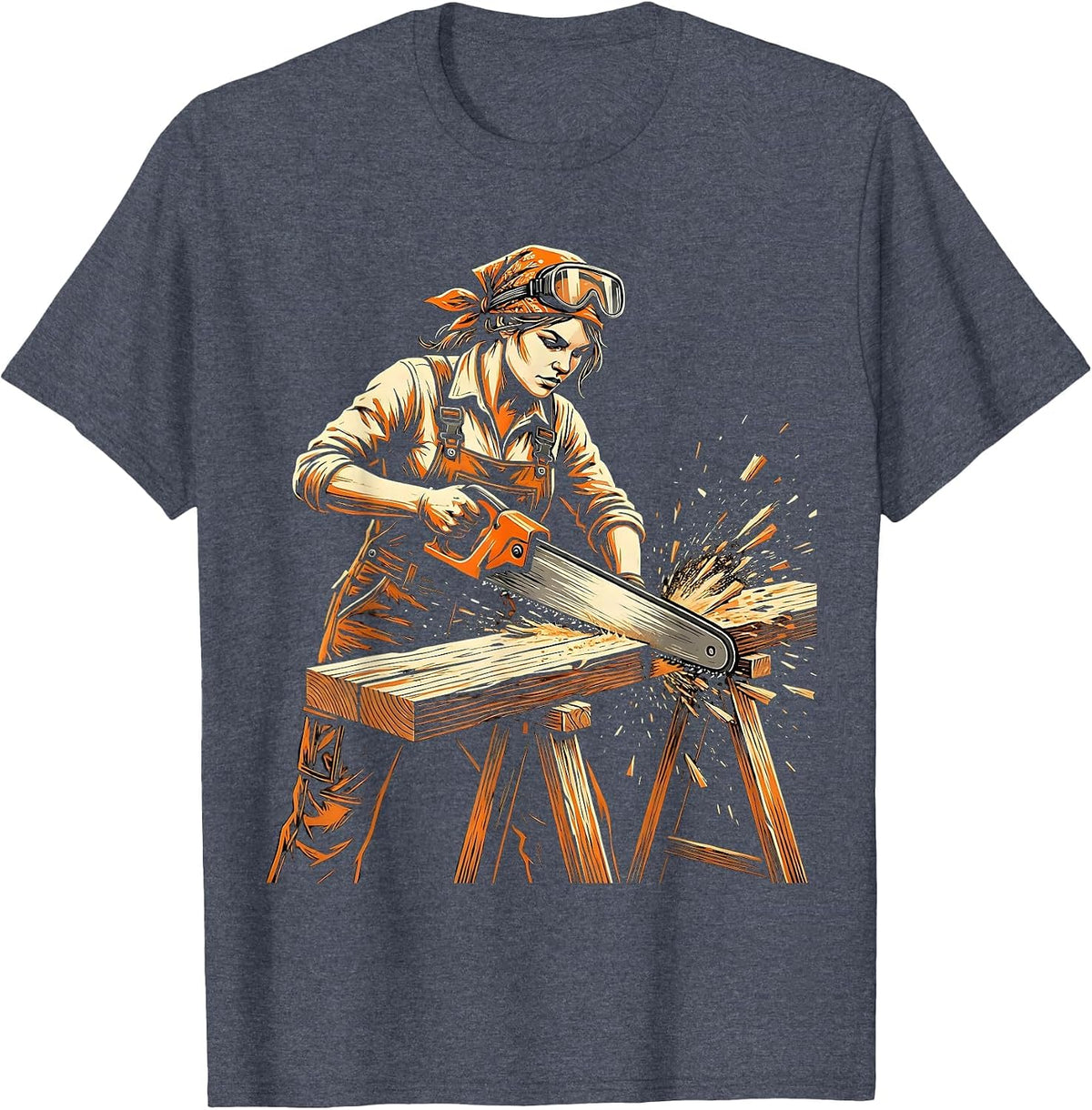 Labor Day Woman Carpenter Sawing Wood Illustration T-Shirt - Heather Blue