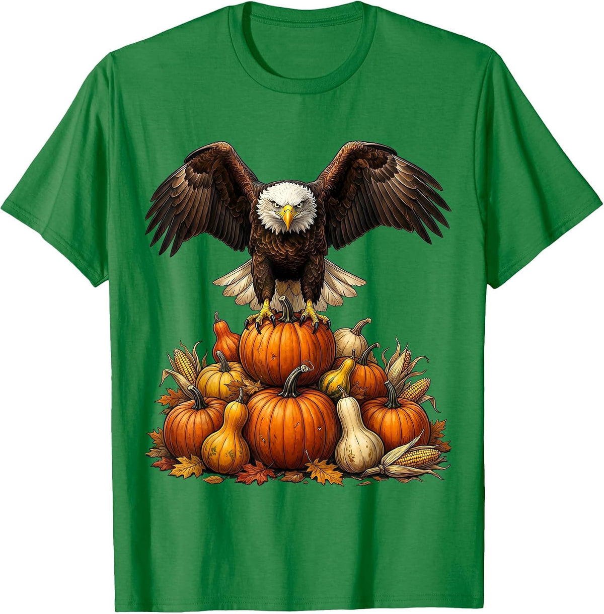 Men's Bald Eagle Perched on Pumpkins Thanksgiving T-Shirt - Kelly Green