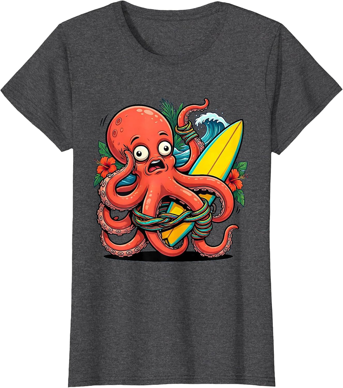 Women's Giant Octopus Tangled Surfboard Leash Hawaiian T-Shirt - Dark Heather Grey