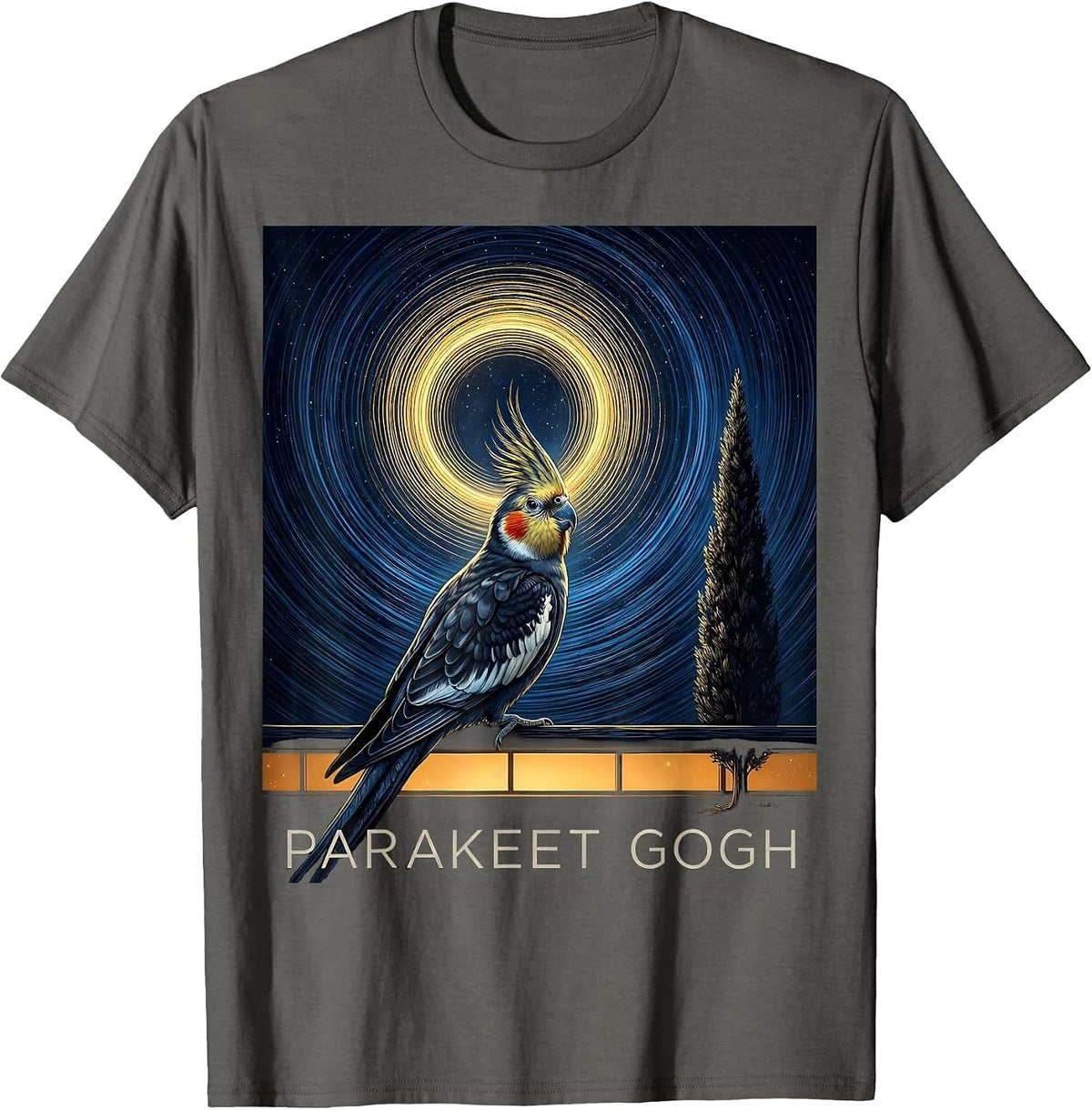 Parakeet Gogh Cosmic Whimsical Pet Lover Art Gift T-Shirt - Asphalt Grey