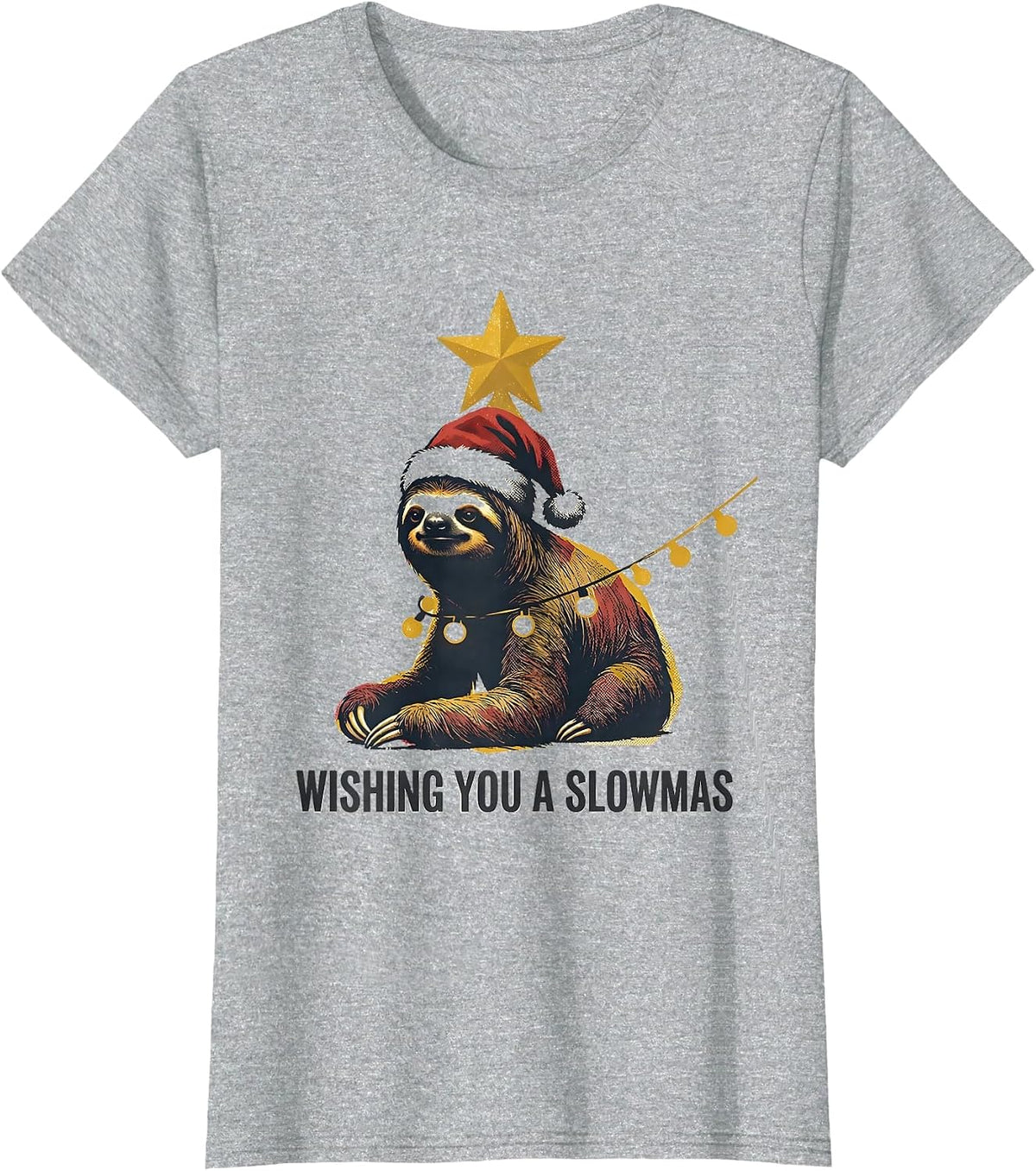 Wishing You a Slowmas Funny Sloth Christmas Lights Holiday T-Shirt - Heather Grey