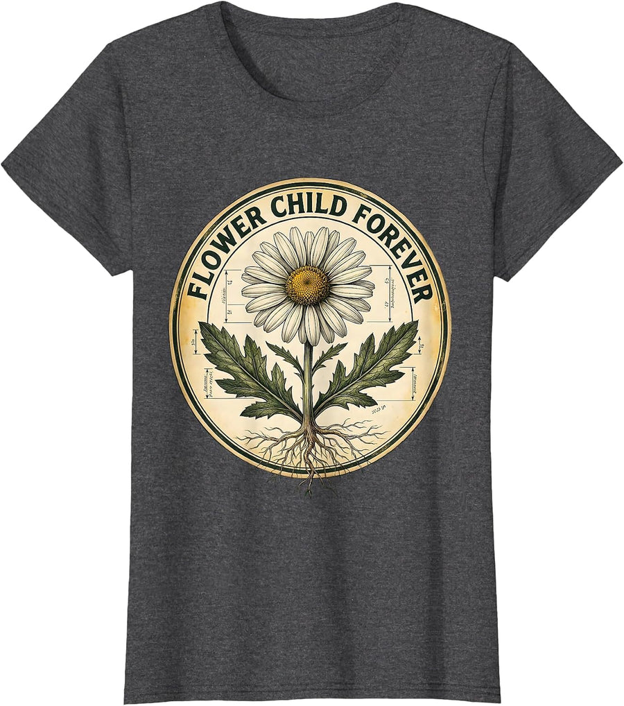 Women's Flower Child Forever Floral Boho Design T-Shirt - Dark Heather Grey