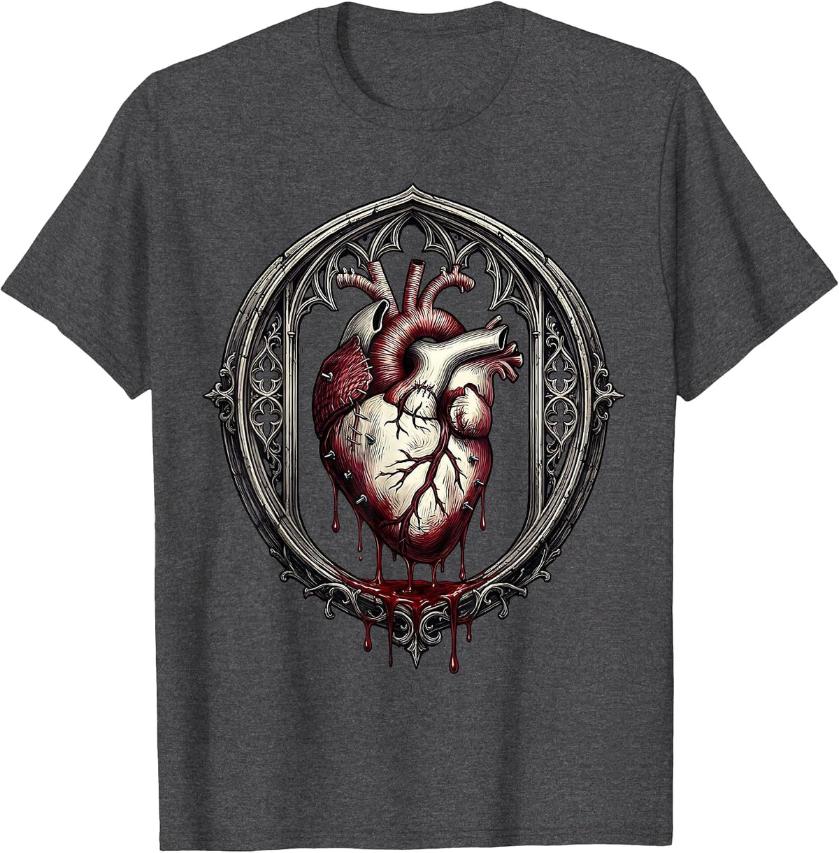 Bloody Stitched Heart Gothic Dark Art Design T-Shirt - Dark Heather Grey