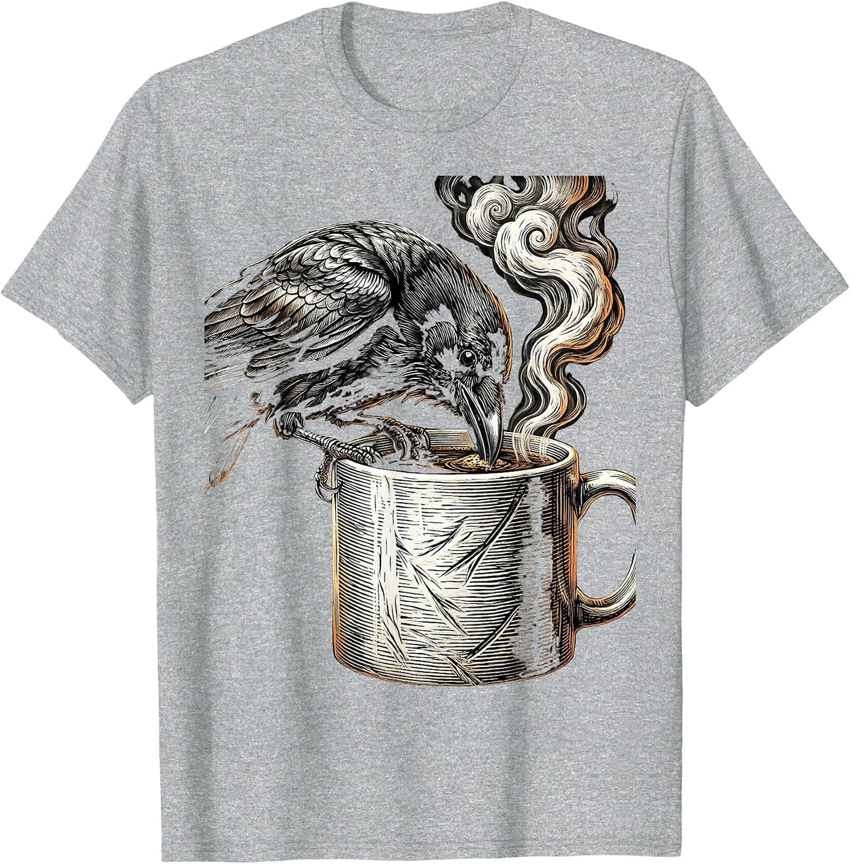 Men's Crow Sipping Coffee Funny Bird Art Design T-Shirt - Heather Grey