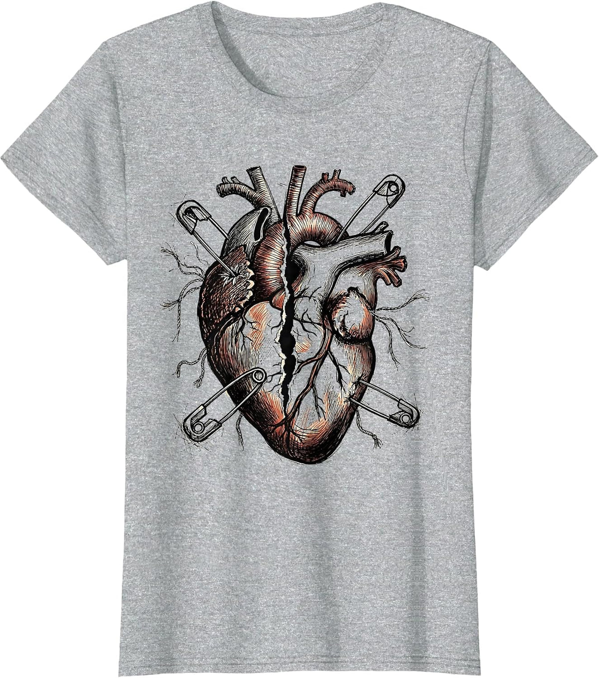 Grunge Safety Pin Torn Heart Illustration T-Shirt - Heather Grey