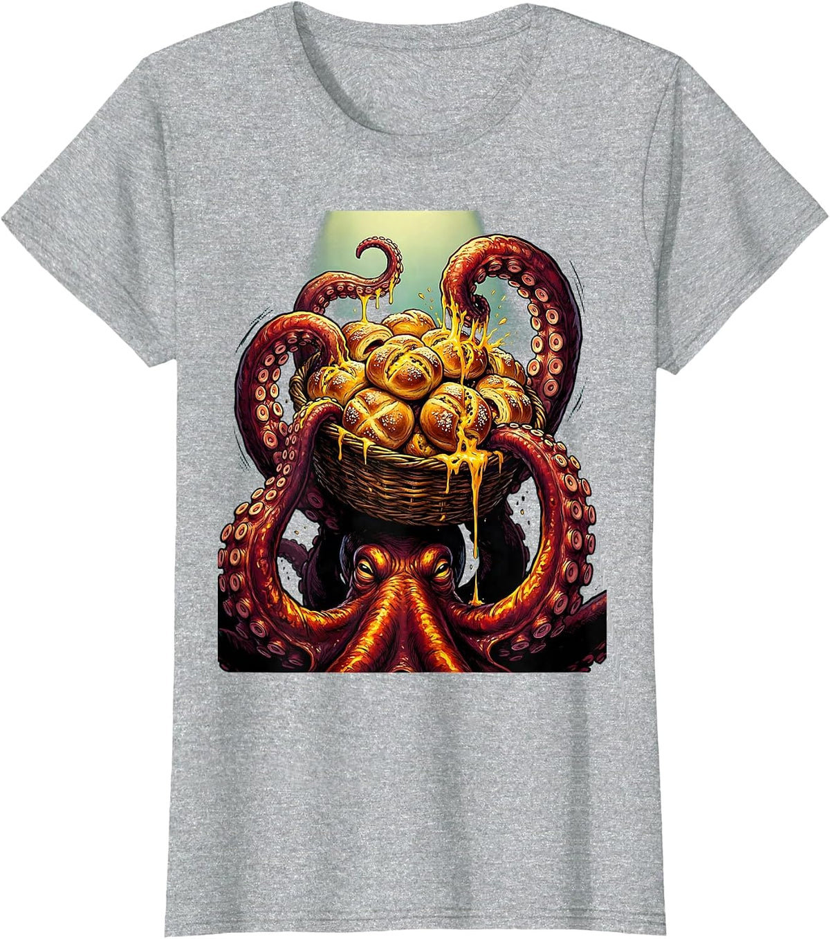 Octopus Cheesy Bread Basket Funny Food Art T-Shirt - Heather Grey