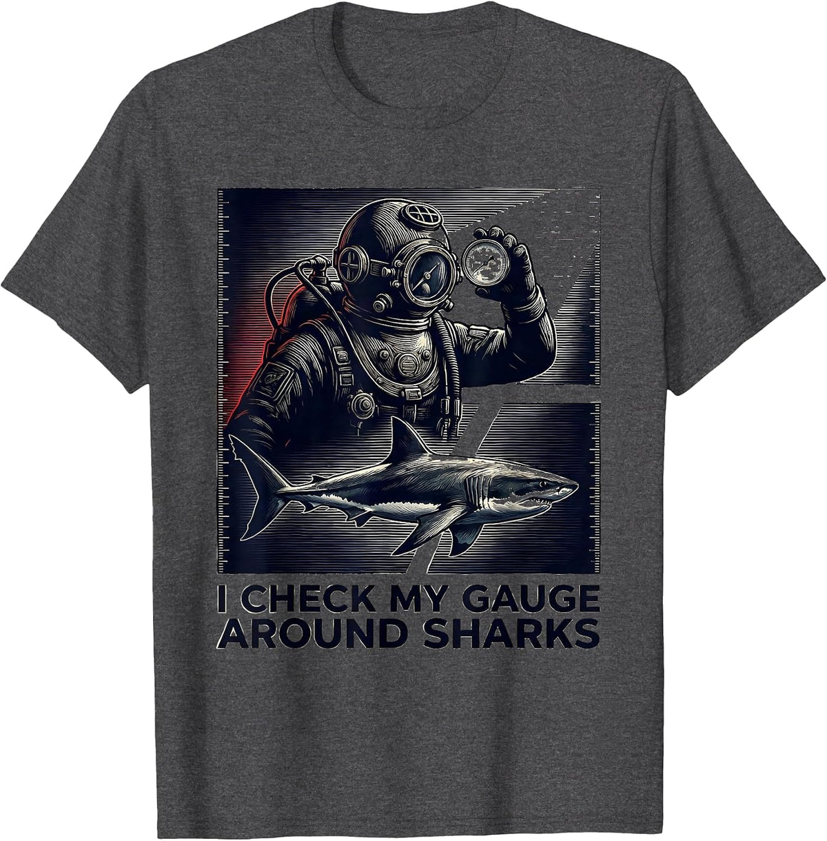 Men's I Check My Gauge Around Sharks Funny Scuba Diver Gift T-Shirt - Dark Heather Grey