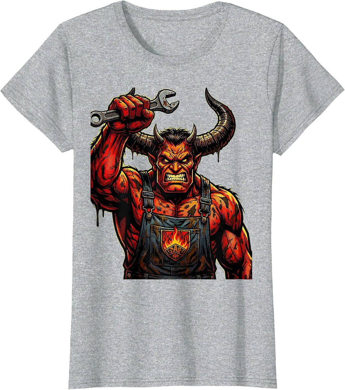 Horned Demon Mechanic Wrench Raised Graphic T-Shirt - Heather Grey