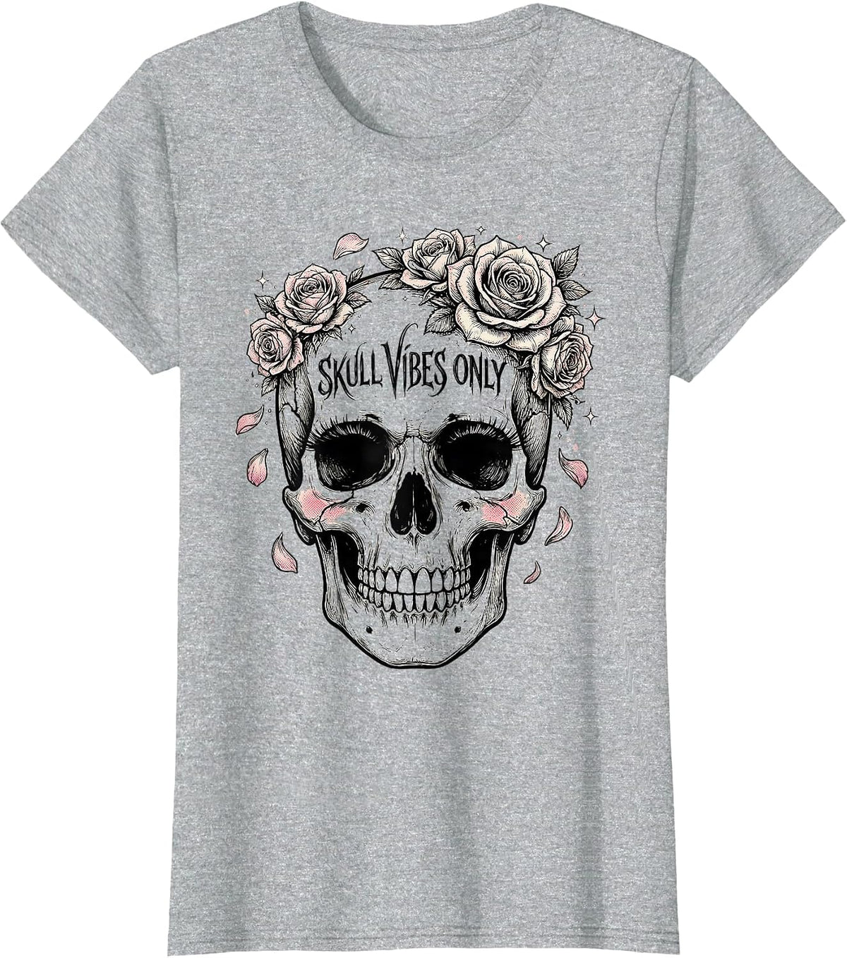 Skull Vibes Only Bold Graphic Design T-Shirt - Heather Grey