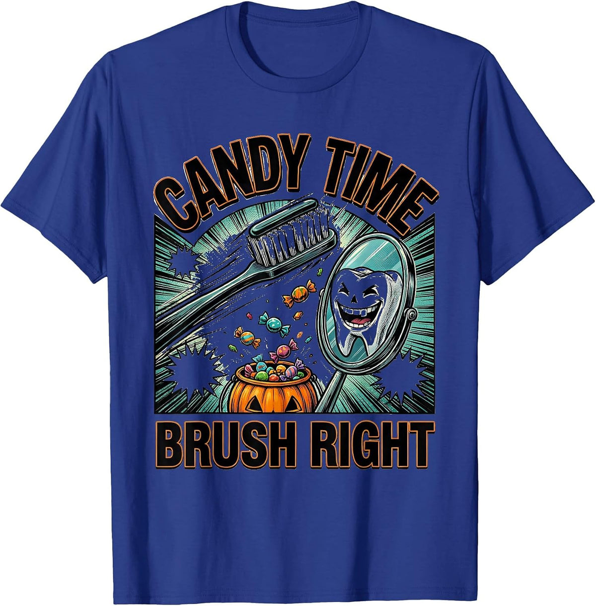 Candy Time Brush Right Comic Book Halloween Dentist Dental T-Shirt - Royal Blue