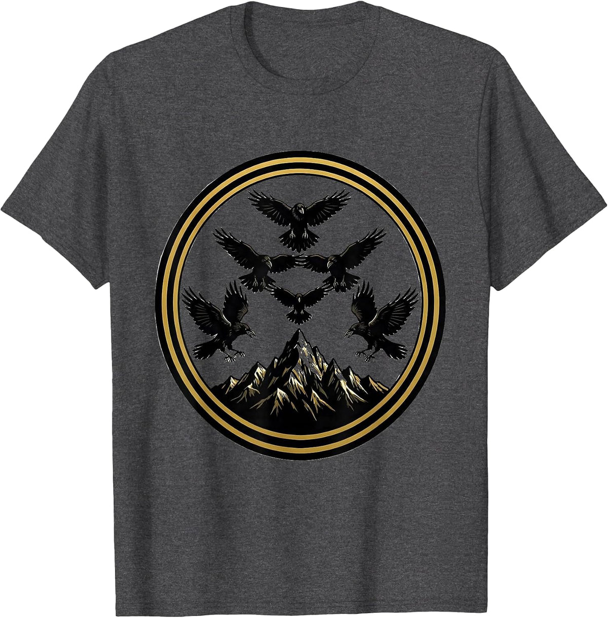 Men's Crow Silhouettes V-Formation Over Mountains T-Shirt - Dark Heather Grey