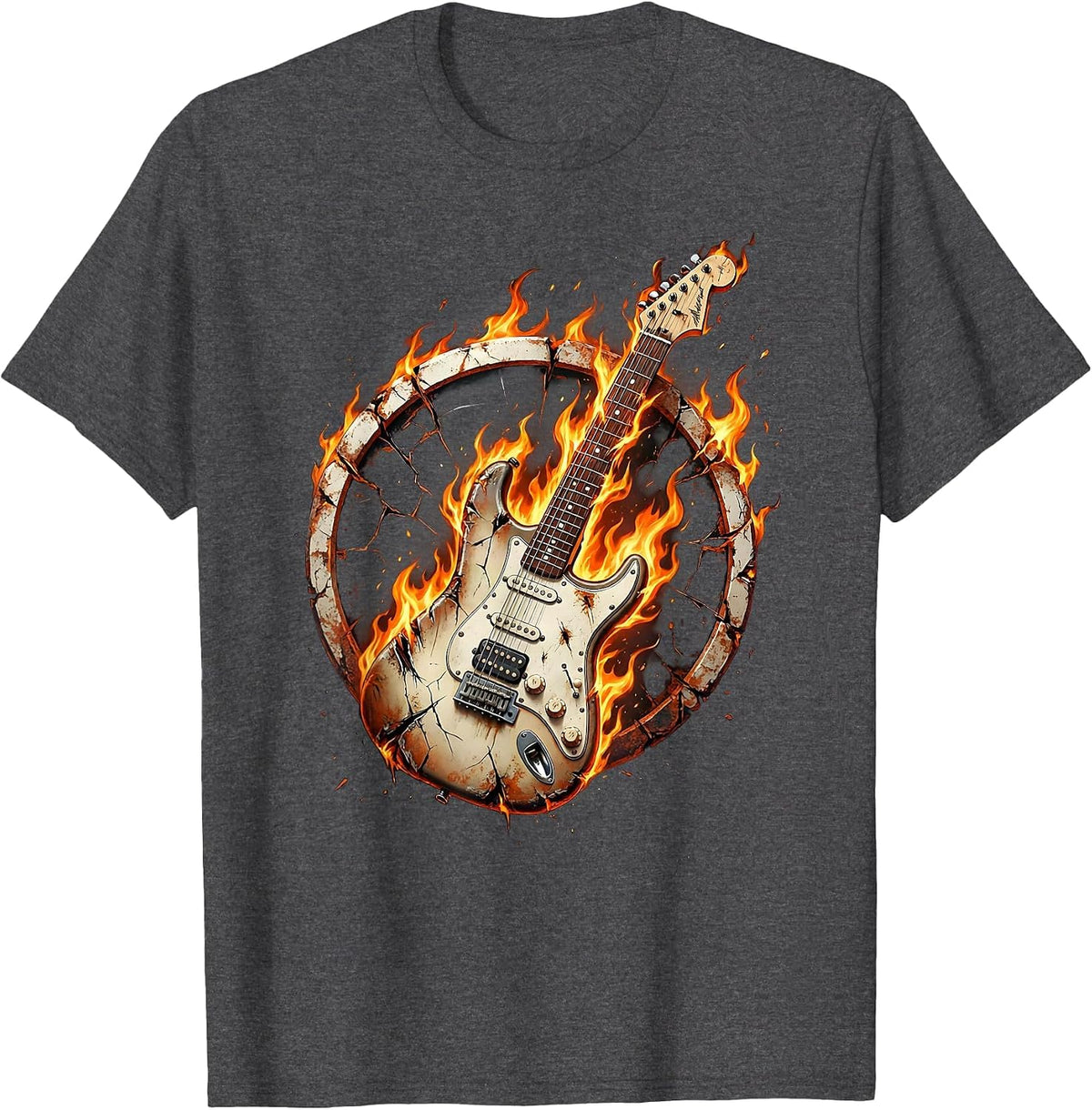 Flaming Electric Guitar Rock Music Graphic T-Shirt - Dark Heather Grey