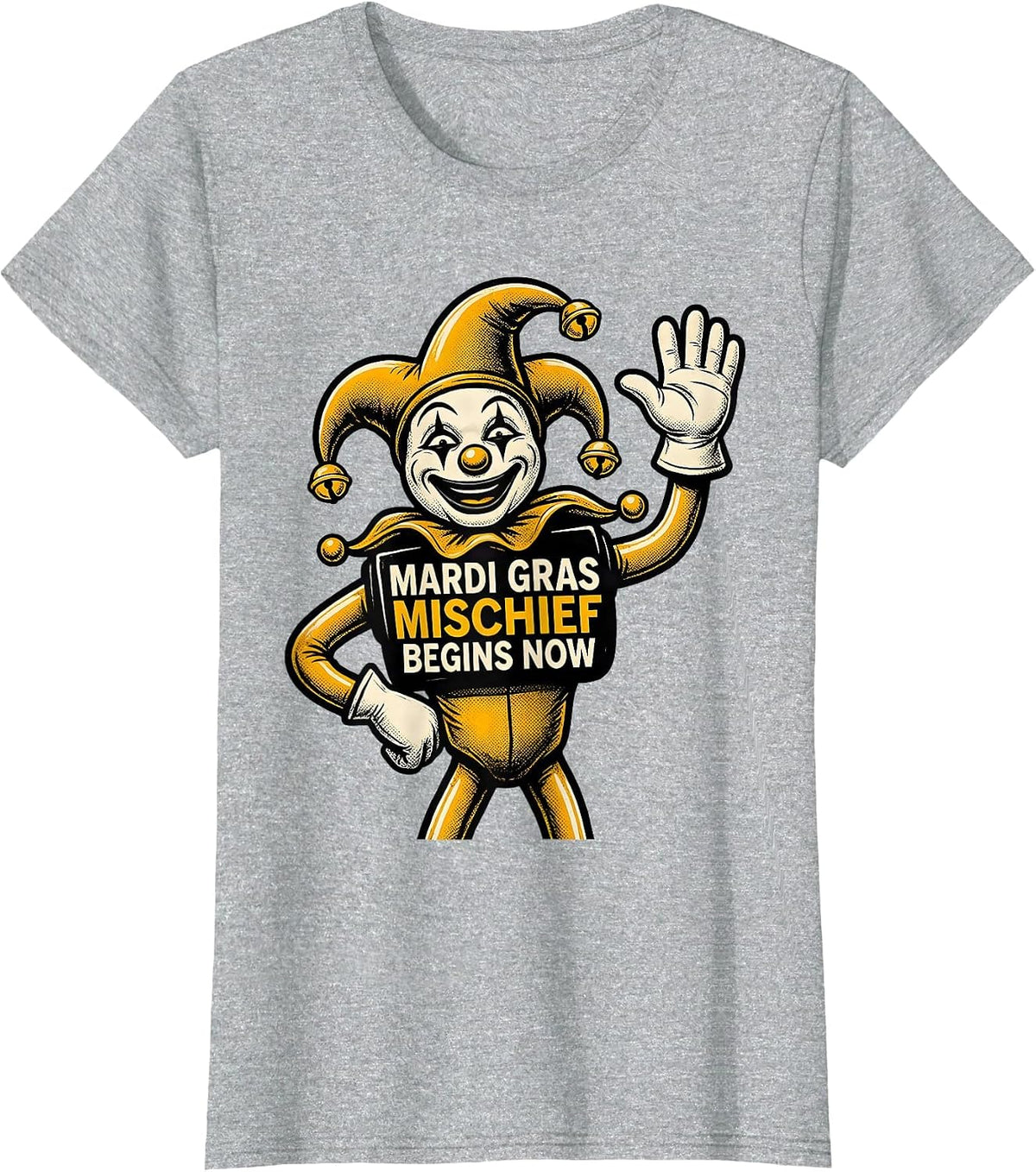 Mardi Gras Mischief Begins Now Retro Cartoon Jester Carnival T-Shirt - Heather Grey
