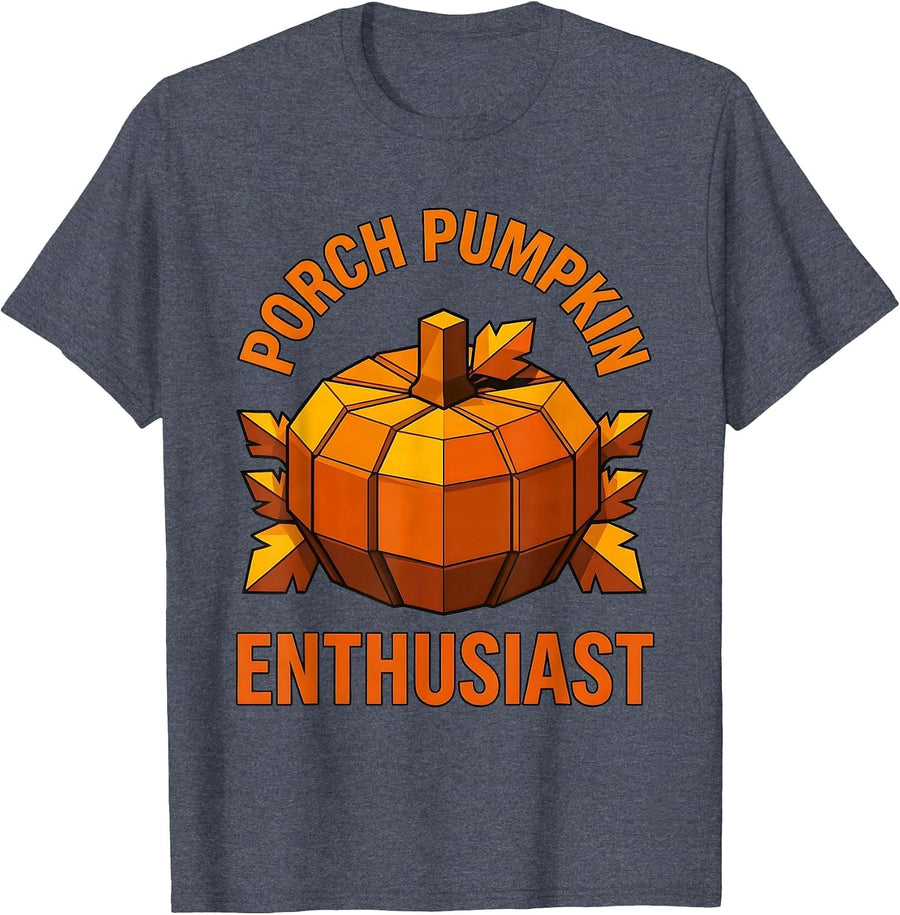 Porch Pumpkin Enthusiast Fall Season Design T-Shirt - Heather Blue