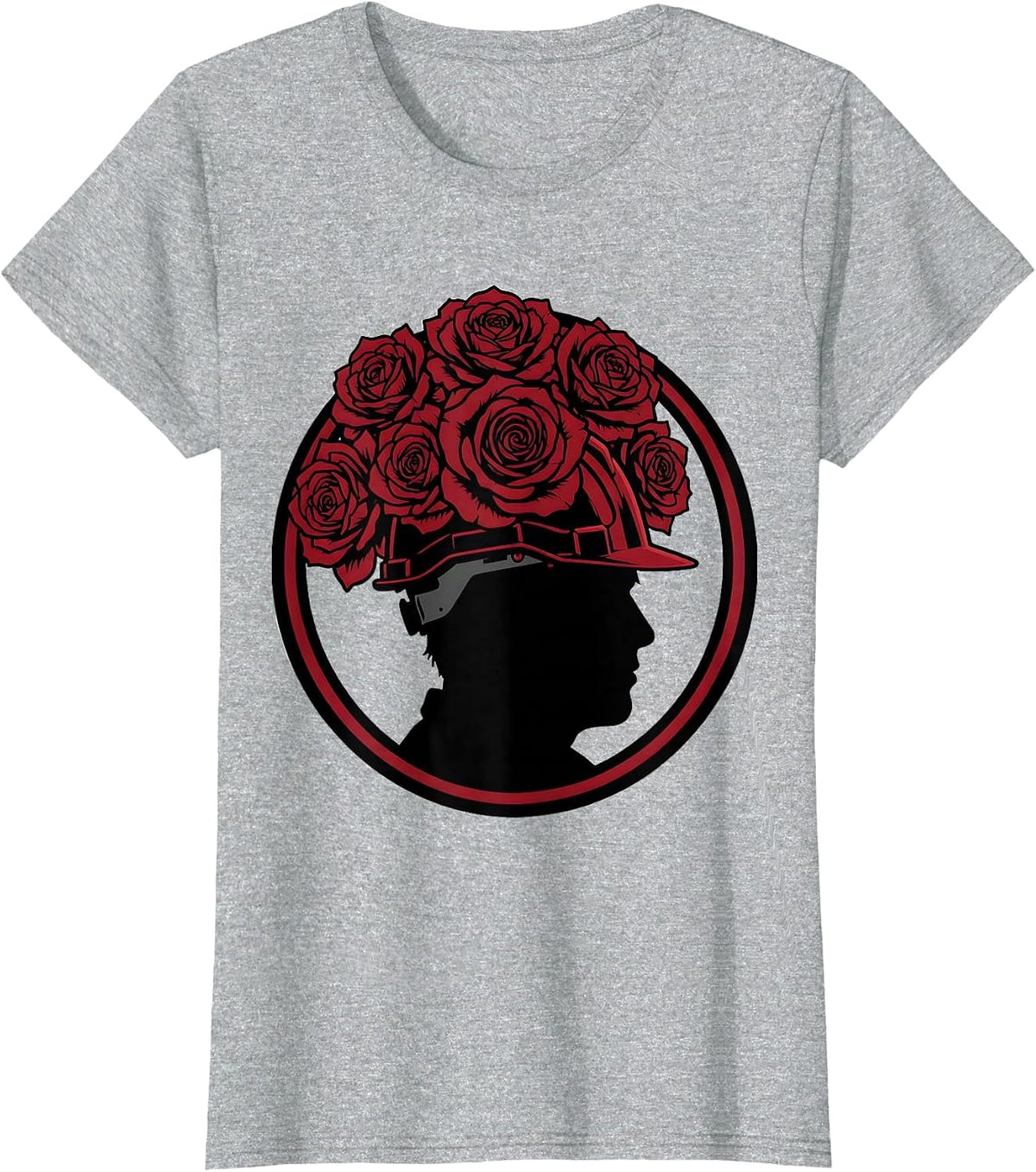 Rosie the Riveter Hard Hat Red Roses Graphic T-Shirt - Heather Grey