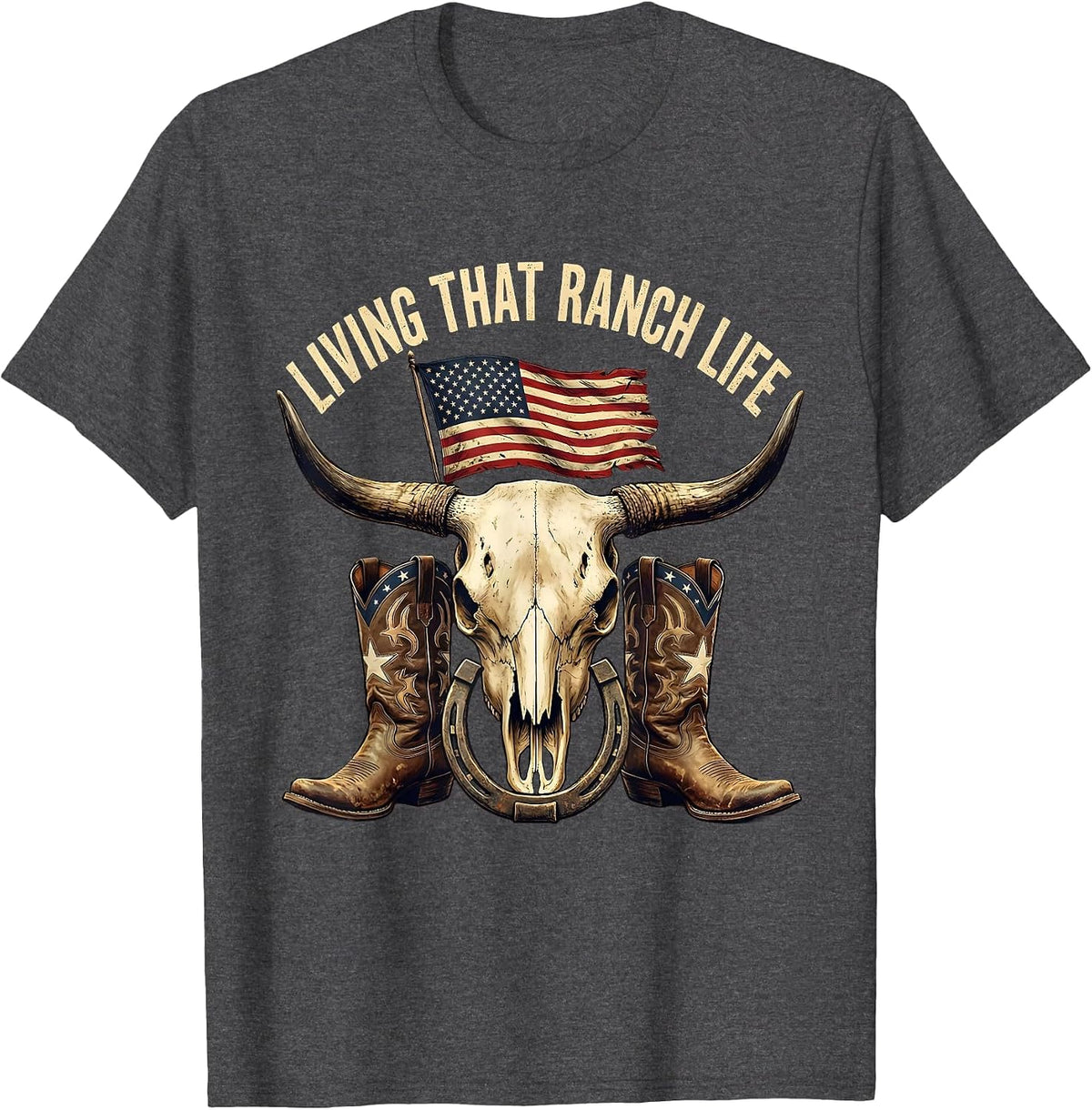 Men's Living That Ranch Life Cowboy Graphic Design T-Shirt - Dark Heather Grey