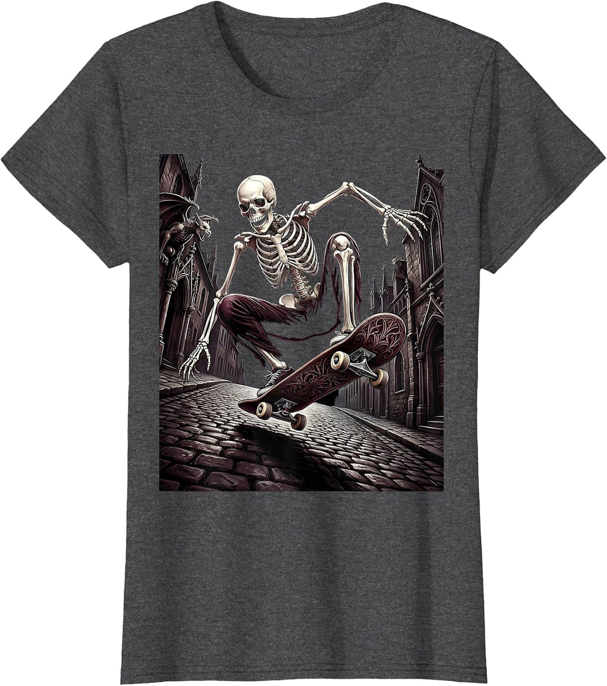 Women's Skeleton Skater Urban Downhill Graphic T-Shirt - Dark Heather Grey
