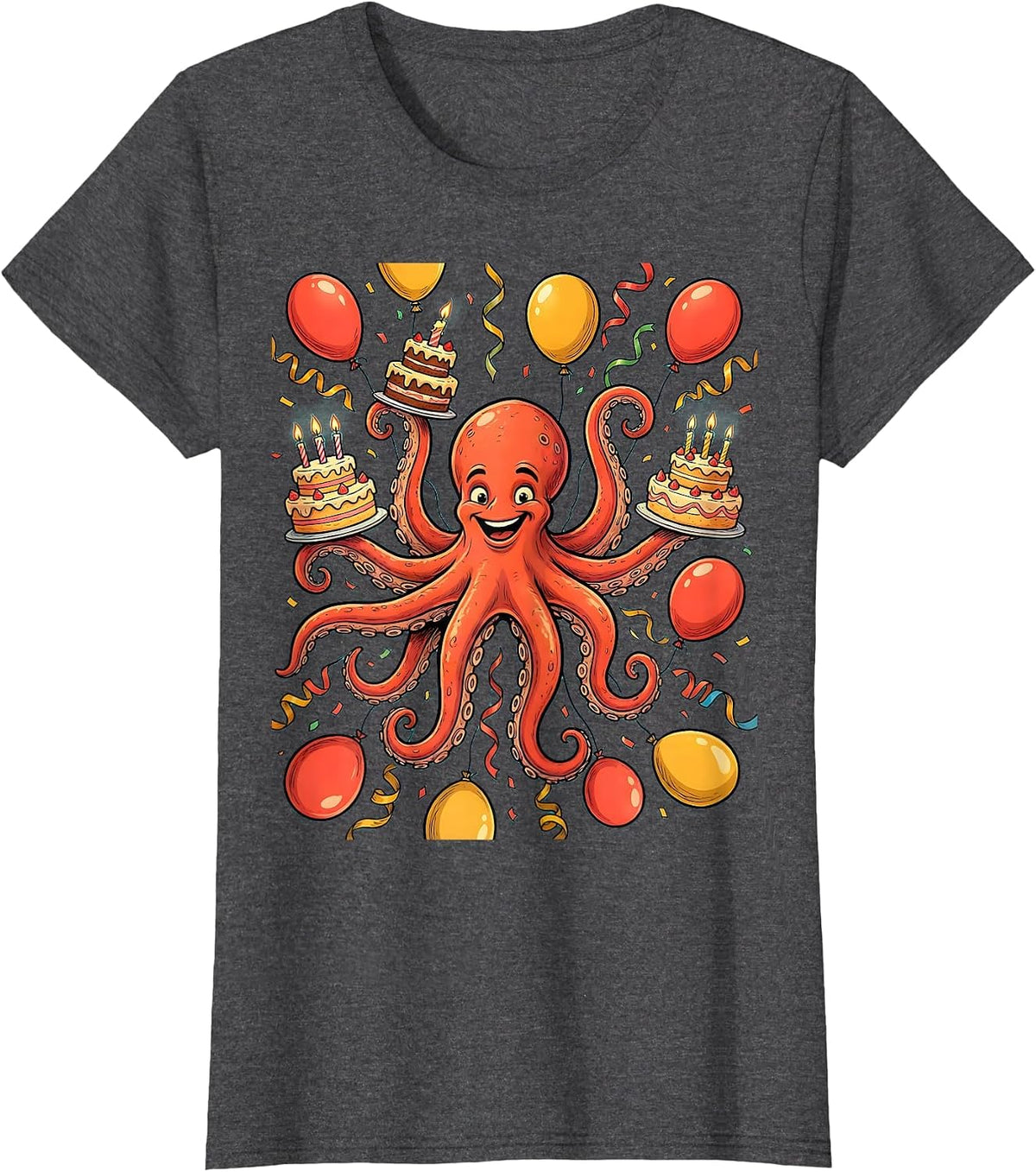 Women's Octopus Birthday Party Balloon Celebration Graphic T-Shirt - Dark Heather Grey