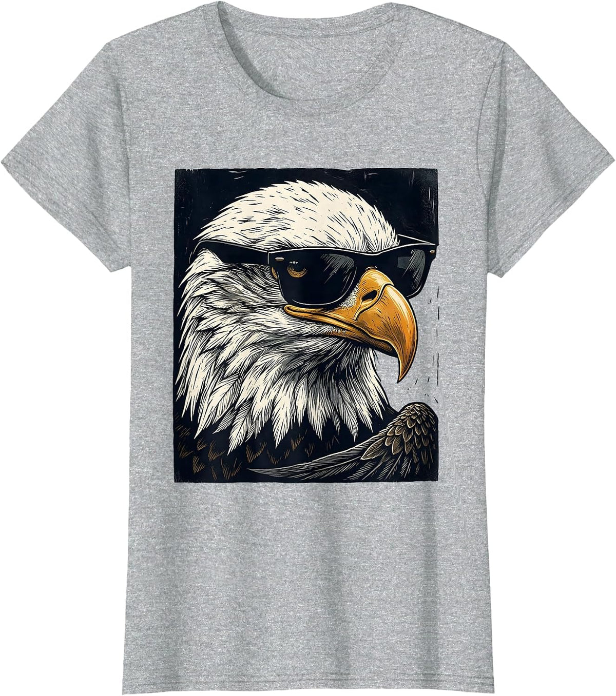 Bald Eagle Sunglasses Linocut Mascot Humor T-Shirt - Heather Grey