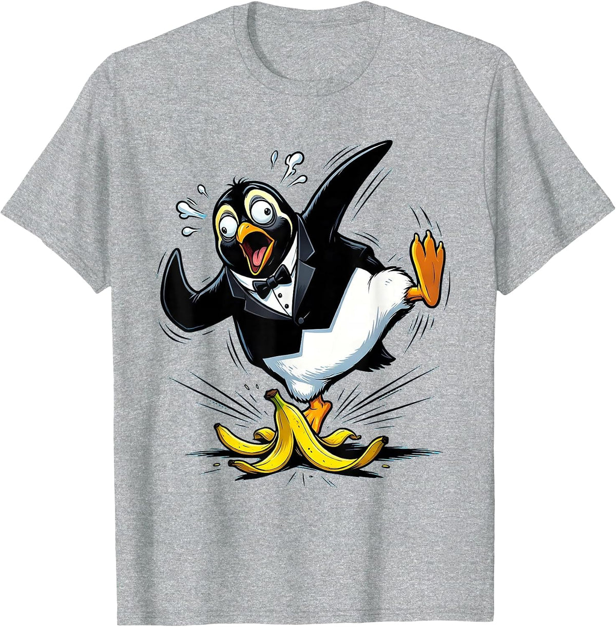 Men's Dramatic Penguin Banana Peel Slip Funny Art T-Shirt - Heather Grey