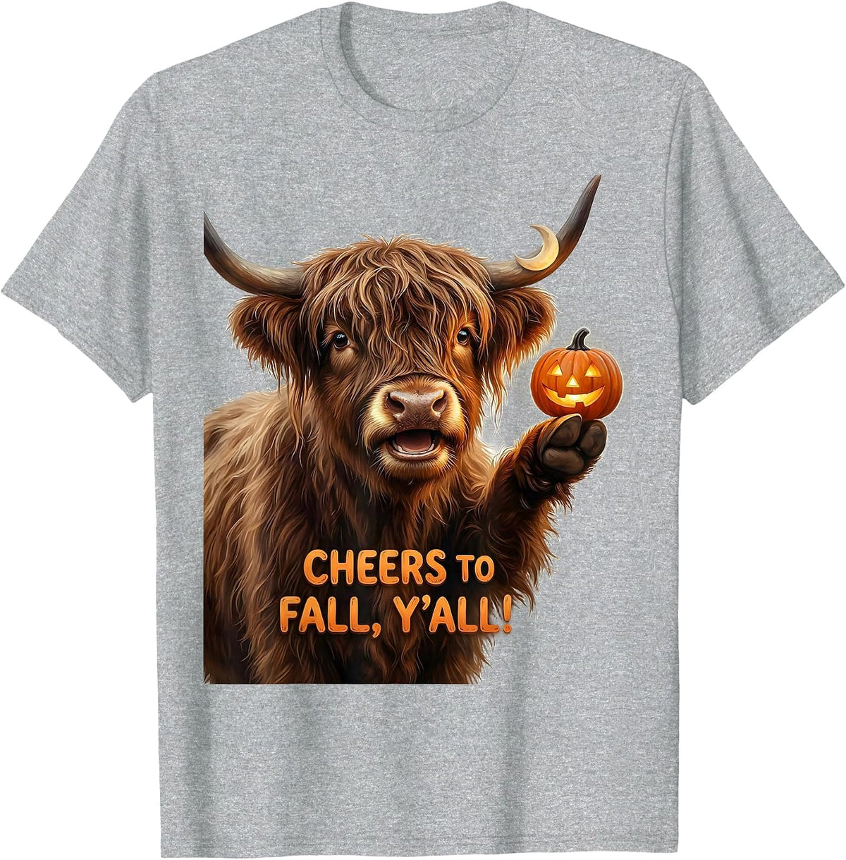 Men's Cheers To Fall, Y'all! Funny Highland Cow Halloween Pun T-Shirt - Heather Grey