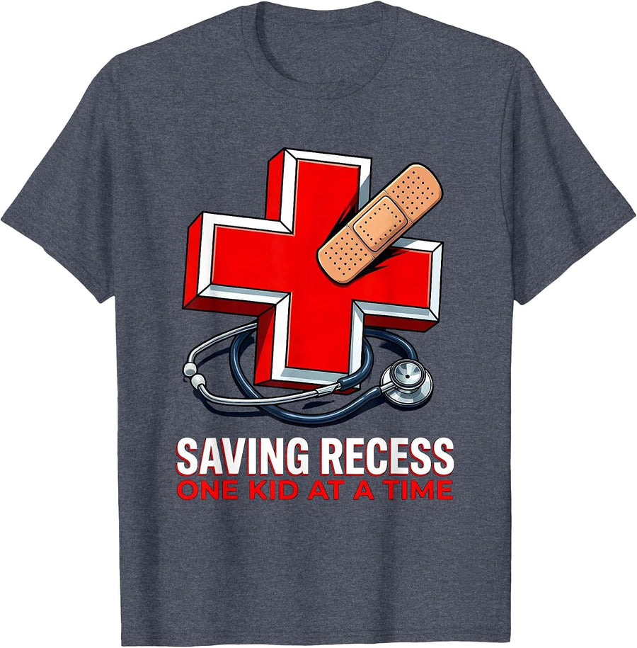 Saving Recess One Kid At A Time School Nurse T-Shirt - Heather Blue