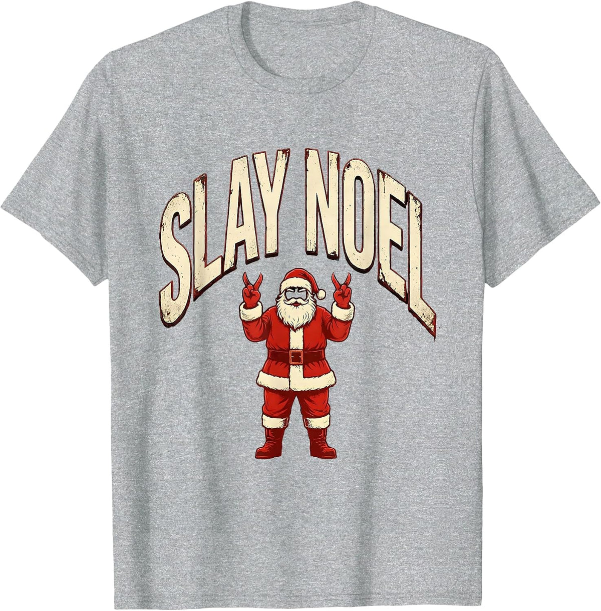 Men's Slay Noel Heavy Metal Rocker Christmas Santa Claus Funny T-Shirt - Heather Grey