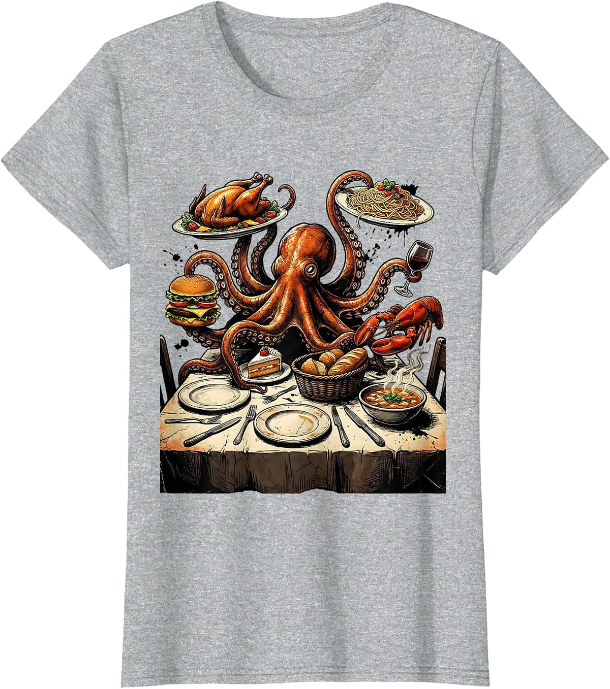 Octopus Stealing Food at Restaurant Table T-Shirt - Heather Grey