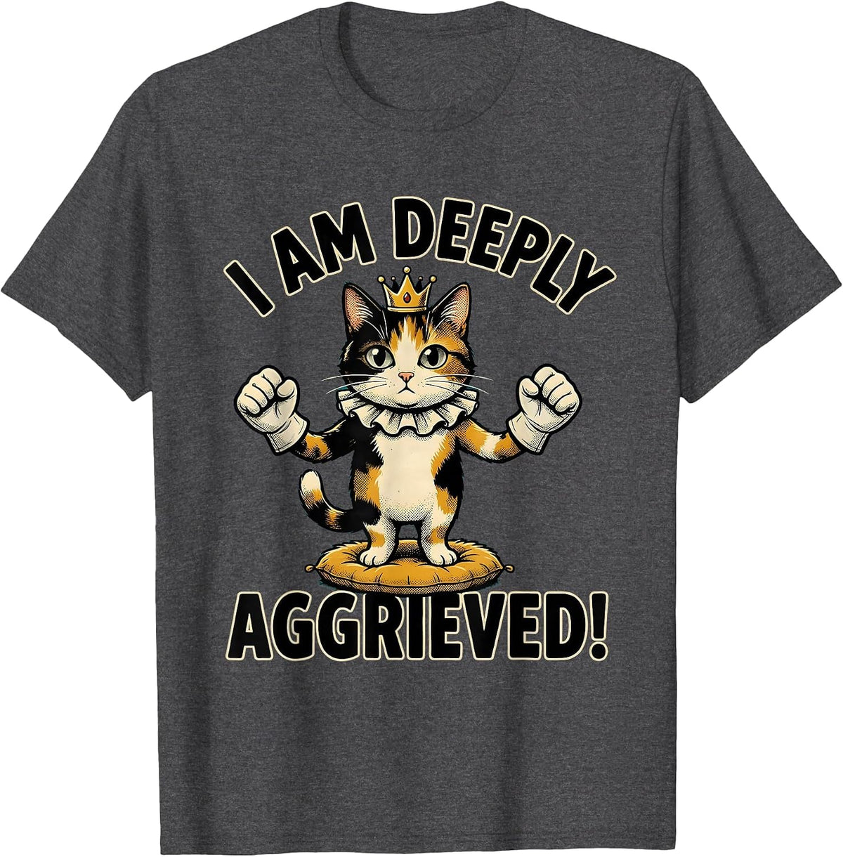 I Am Deeply Aggrieved! Retro Cartoon Cat Meme Humor T-Shirt - Dark Heather Grey