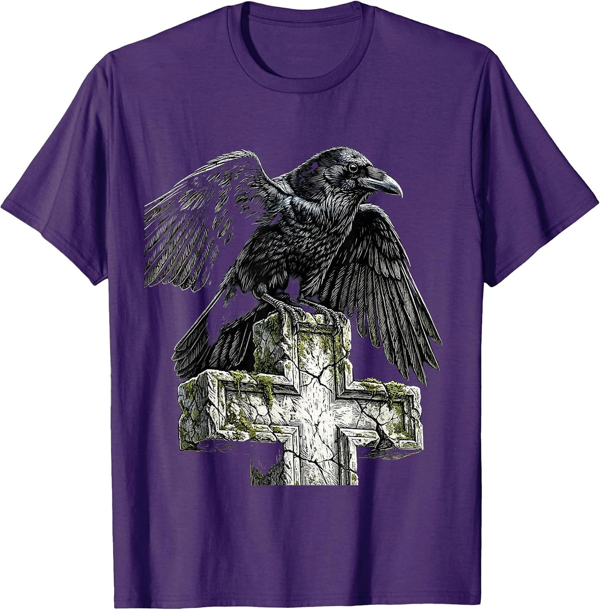 Men's Crow on Gravestone Cross Gothic Art Design T-Shirt - Purple