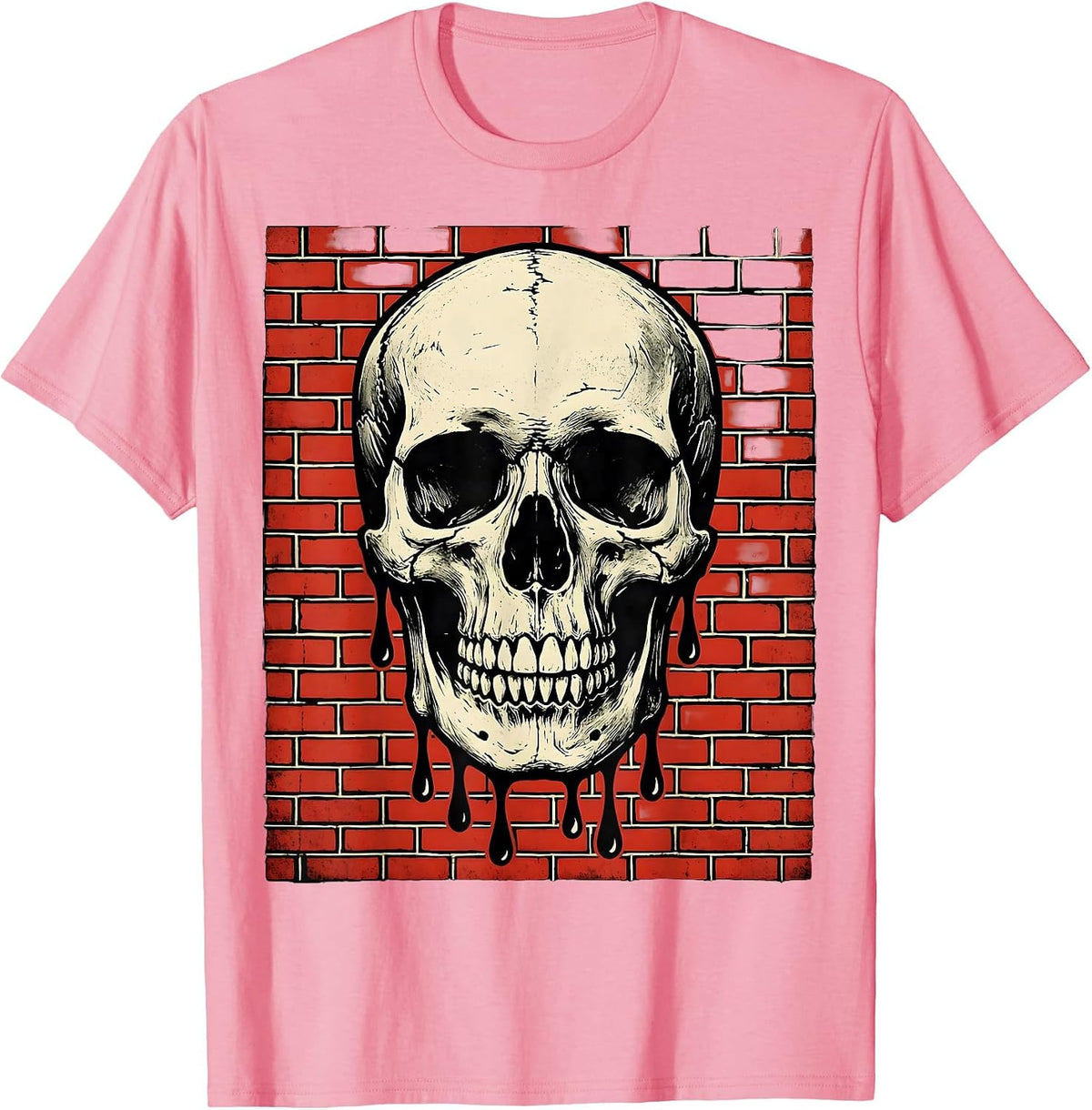 Men's Grunge Dripping Skull on Exposed Brick T-Shirt - Pink