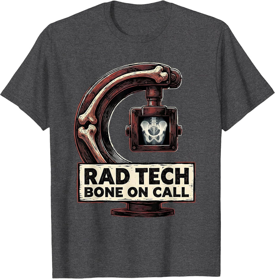 Men's Rad Tech Bone On Call Linocut Radiology Technician Humor T-Shirt - Dark Heather Grey