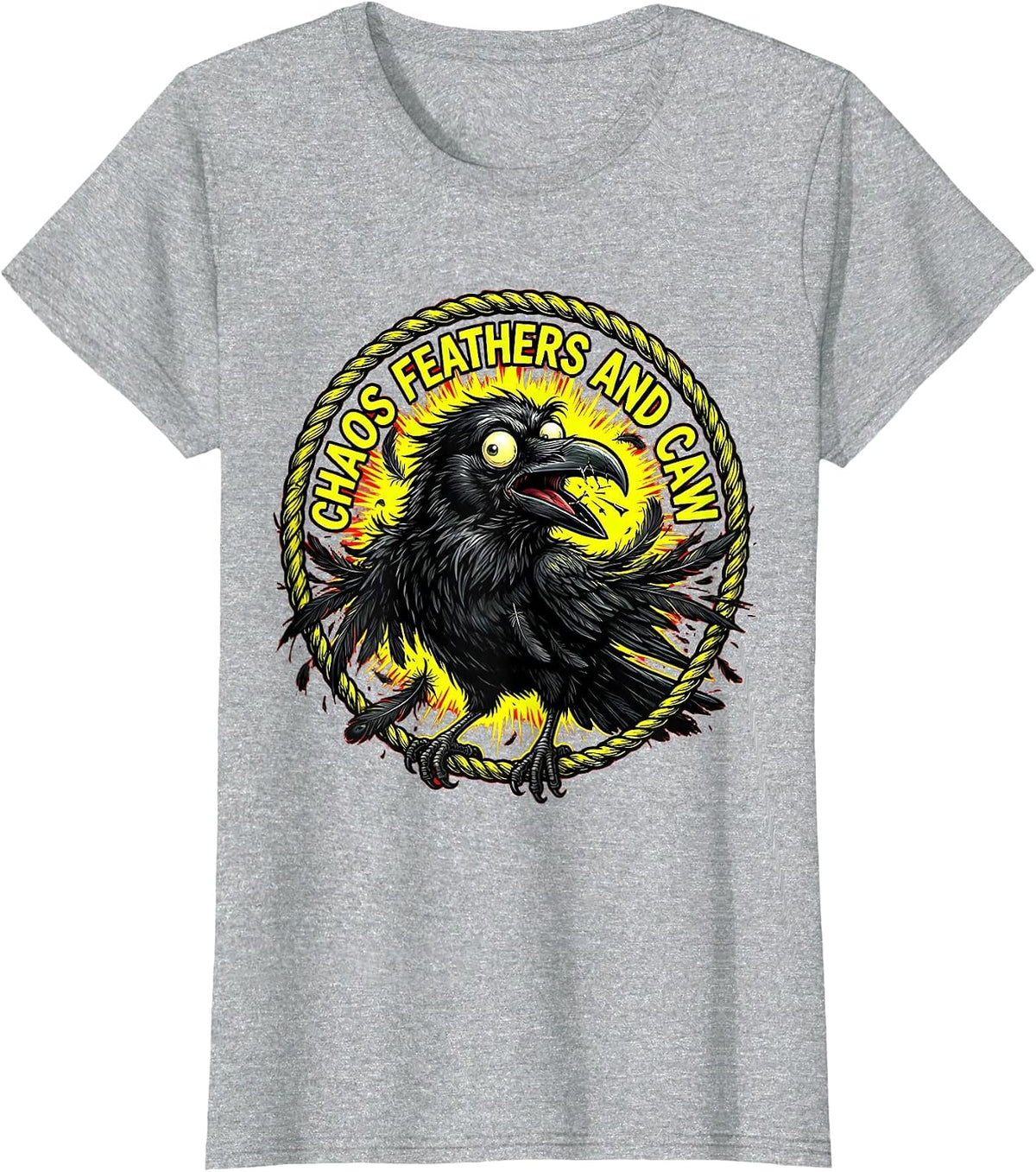 Chaos Feathers and Caw Crow Design T-Shirt - Heather Grey