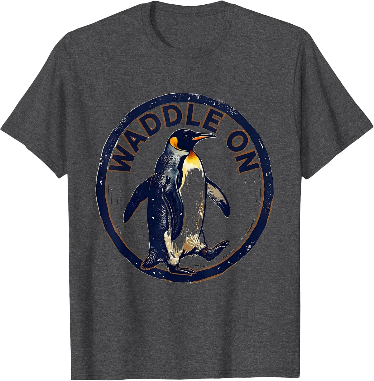 Waddle On Linocut Penguin Lover Humor Animal Enthusiast T-Shirt - Dark Heather Grey