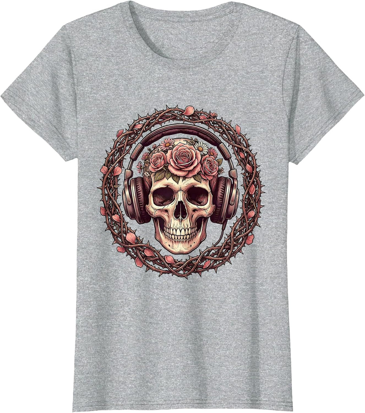 Skull With Oversized Headphones Band Music Art T-Shirt - Heather Grey