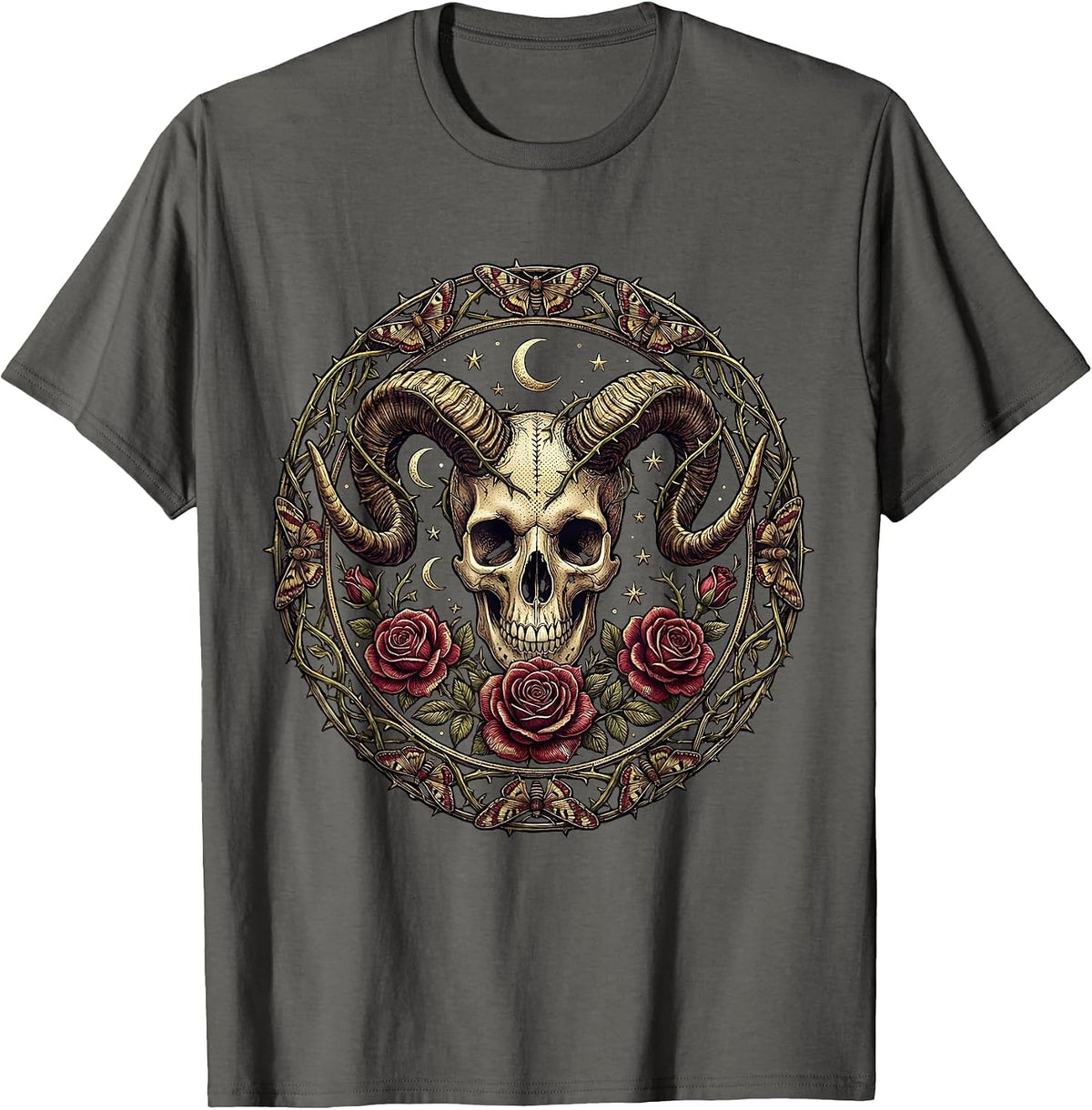 Men's Skull Ram Horns and Roses Gothic Dark Art Design T-Shirt - Asphalt Grey