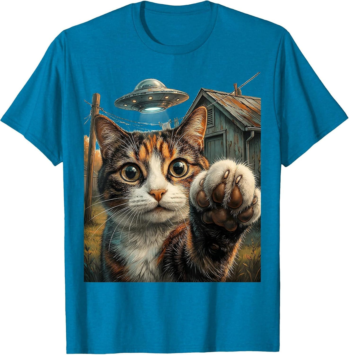 Startled Cat UFO Selfie Funny Cat Lover Gift T-Shirt - Sapphire Blue