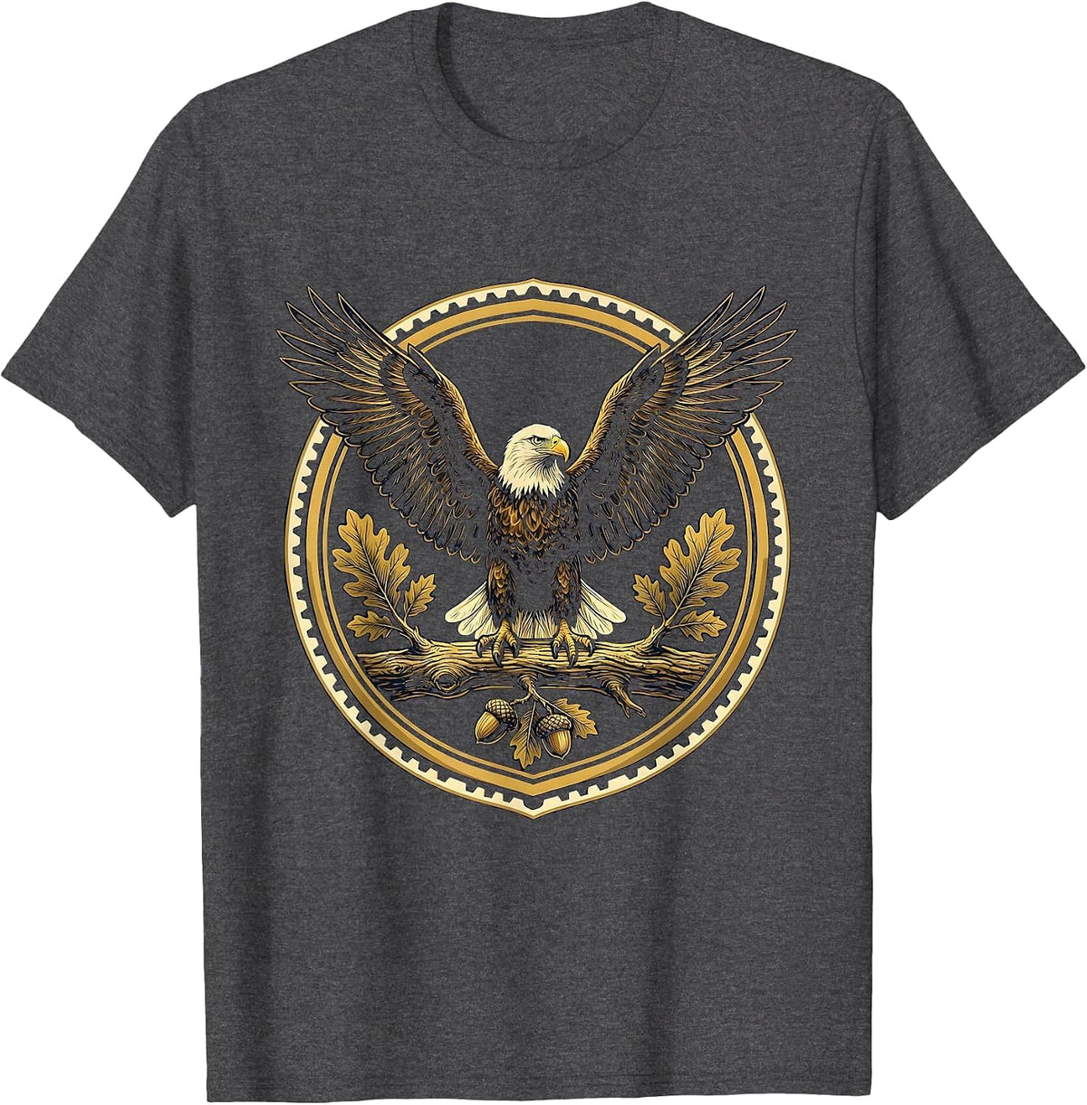 Men's Bald Eagle Perched on Oak Branch Illustration T-Shirt - Dark Heather Grey