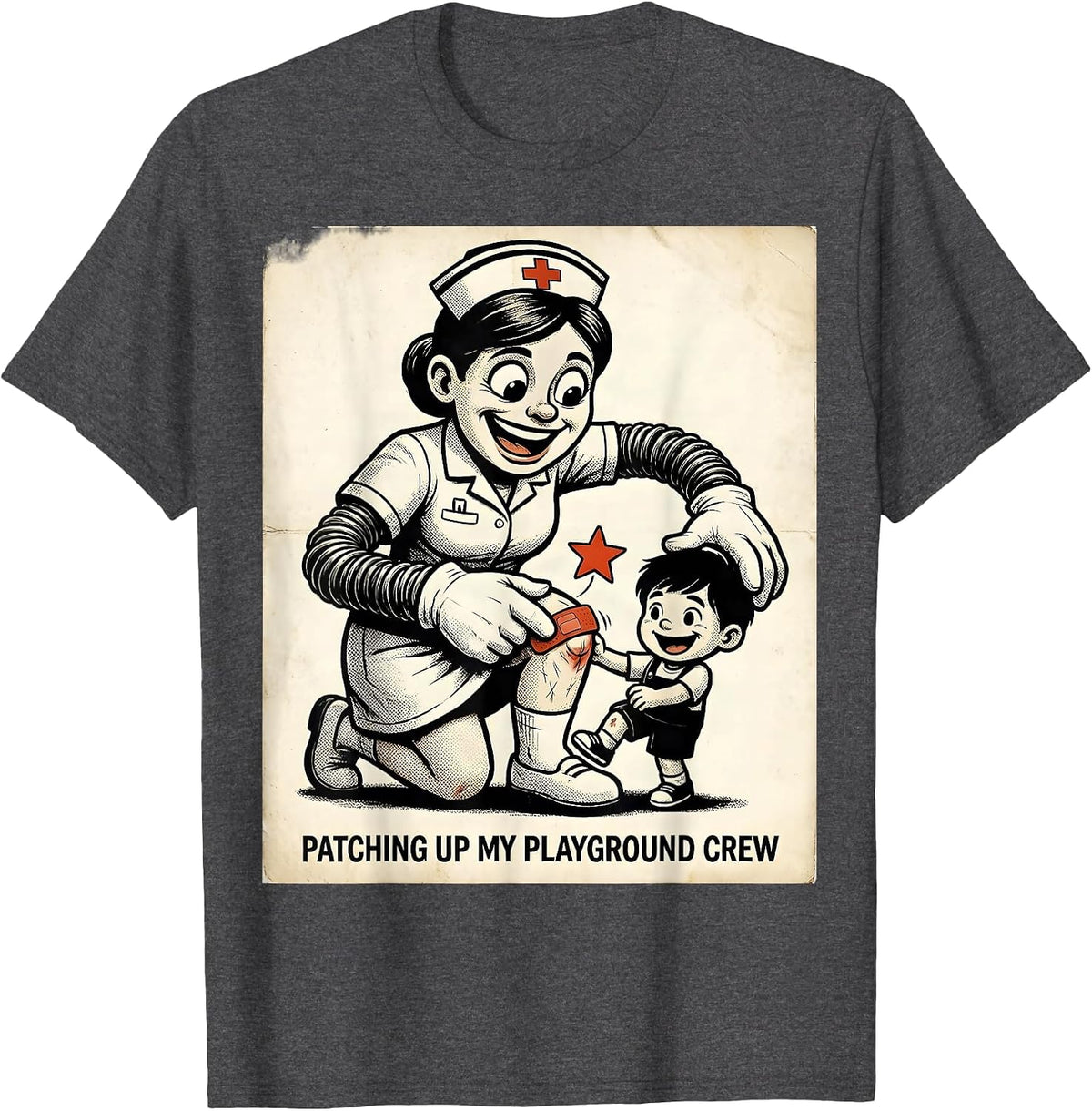 Patching Up My Playground Crew Retro Cartoon Nurse T-Shirt - Dark Heather Grey