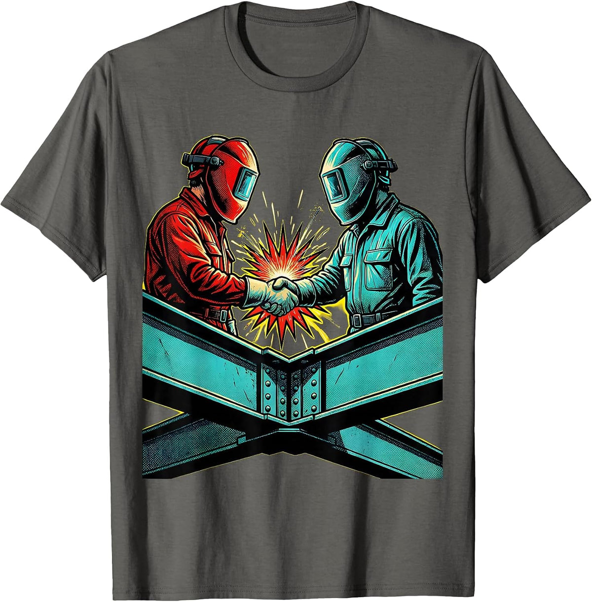 Welder Handshake Steel Structure Graphic T-Shirt - Asphalt Grey