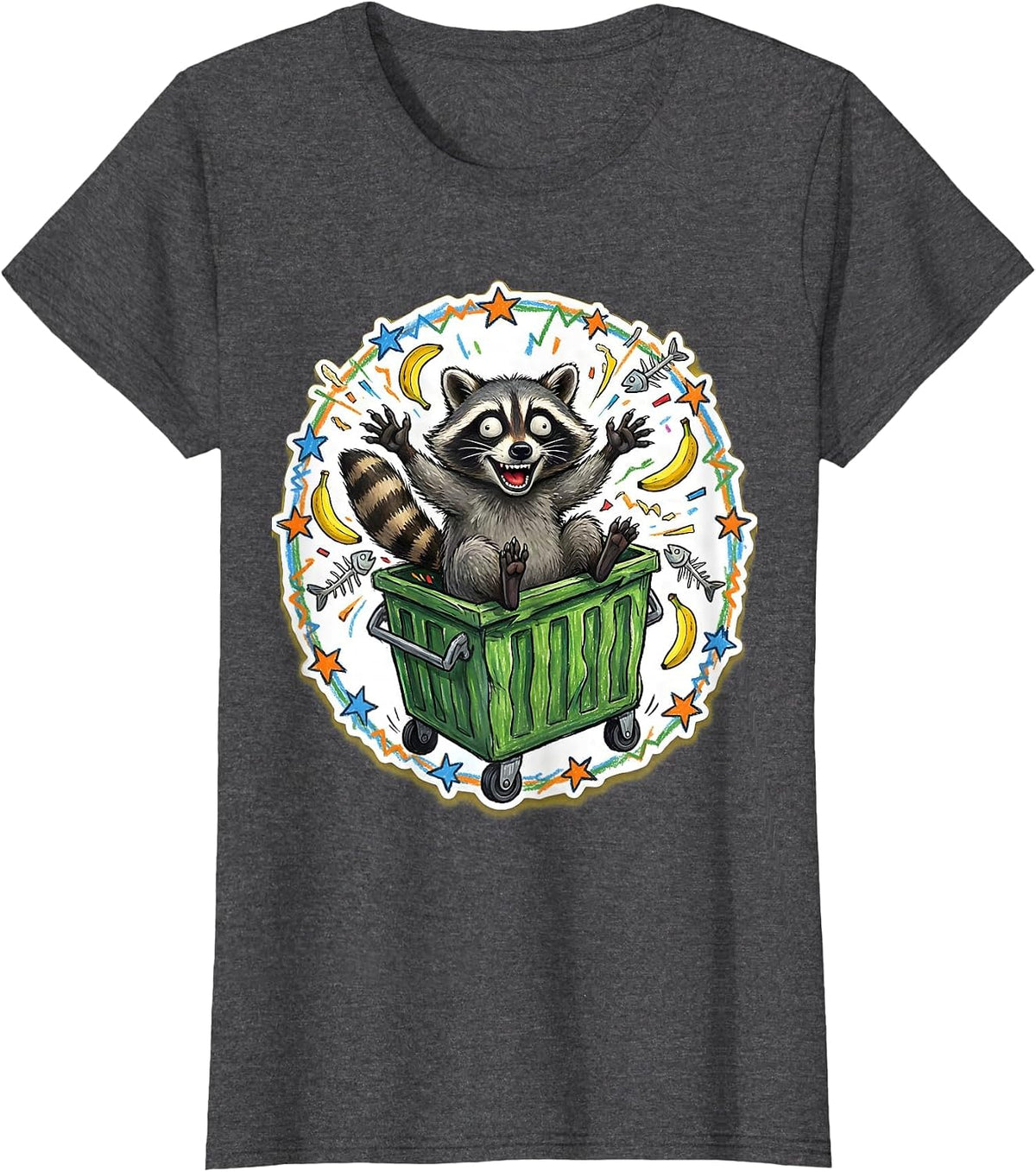 Women's Raccoon Dumpster Dramatic Emergence Funny Wildlife T-Shirt - Dark Heather Grey